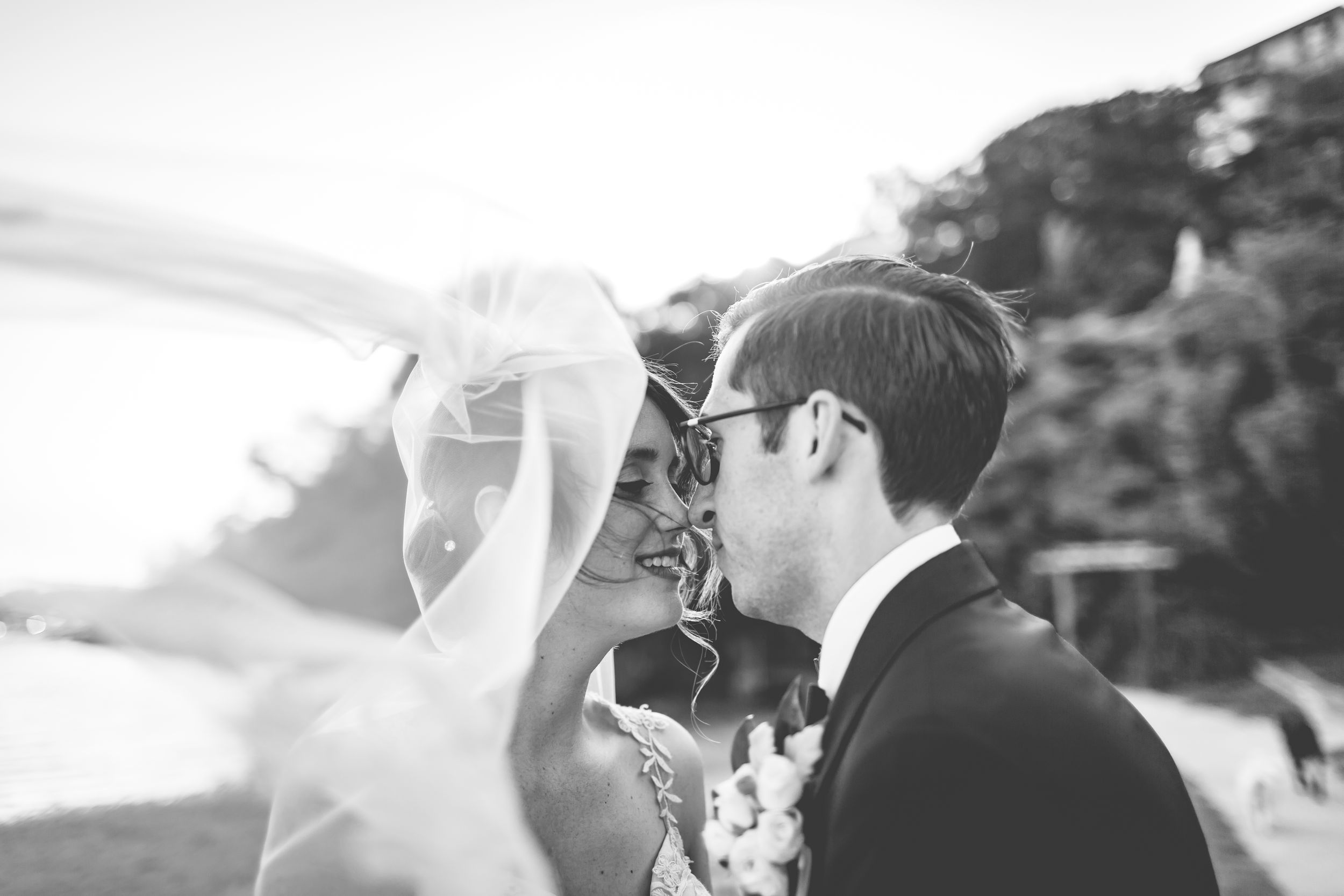 A tender moment between newlyweds with a flowing veil against a scenic background.