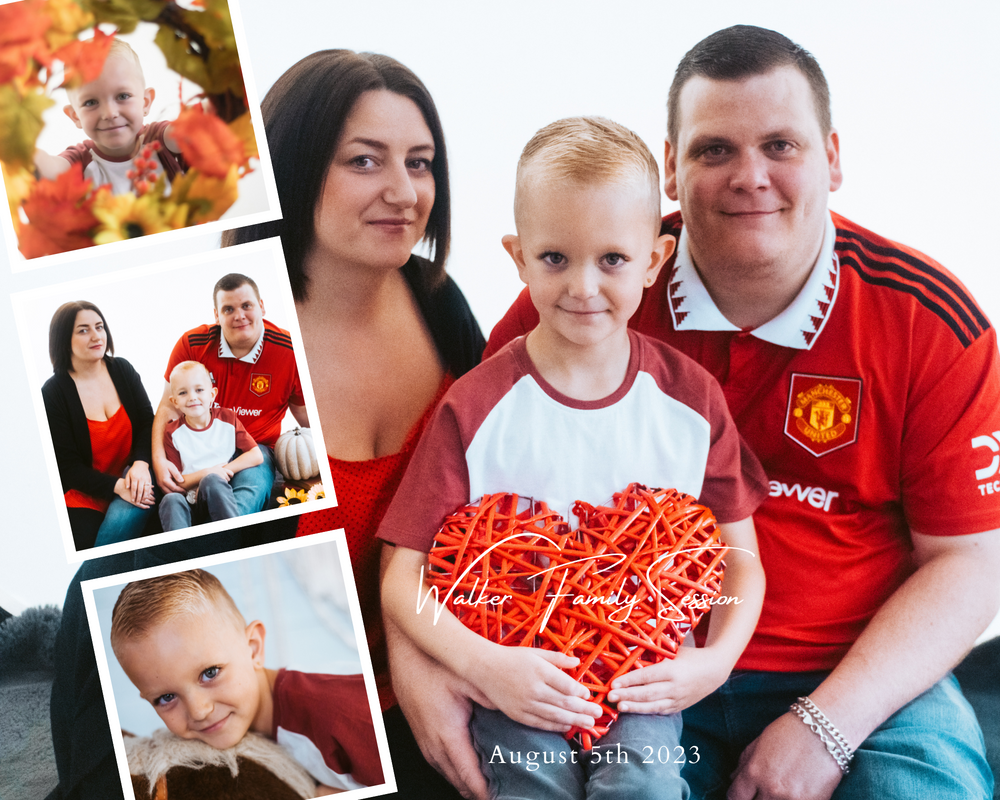 Family photo collage featuring red heart prop and Manchester United jersey.