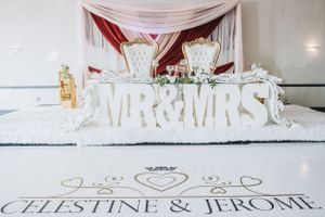 Elegant white 'MR & MRS' sign display at wedding reception with custom name decor.