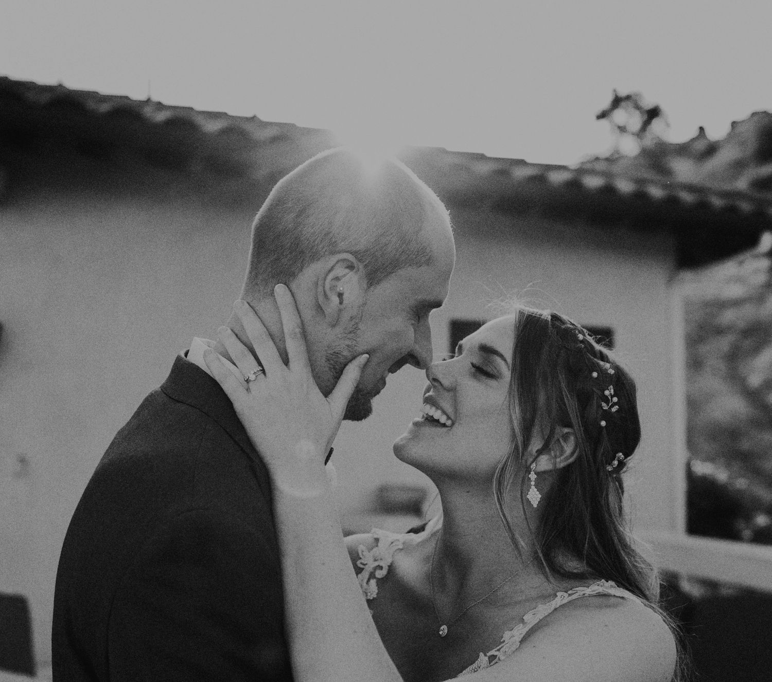 E Noelle Photography in-home wedding in Hidden Hills Los Angeles, bride and groom laughing together