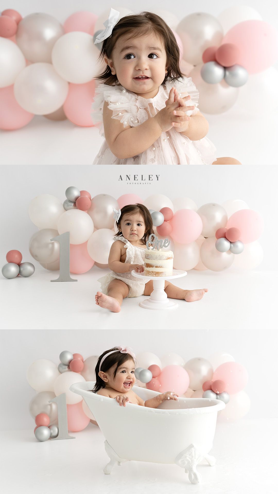 Birthday photoshoot with pink and white balloons featuring cake smash and bathtub scenes.