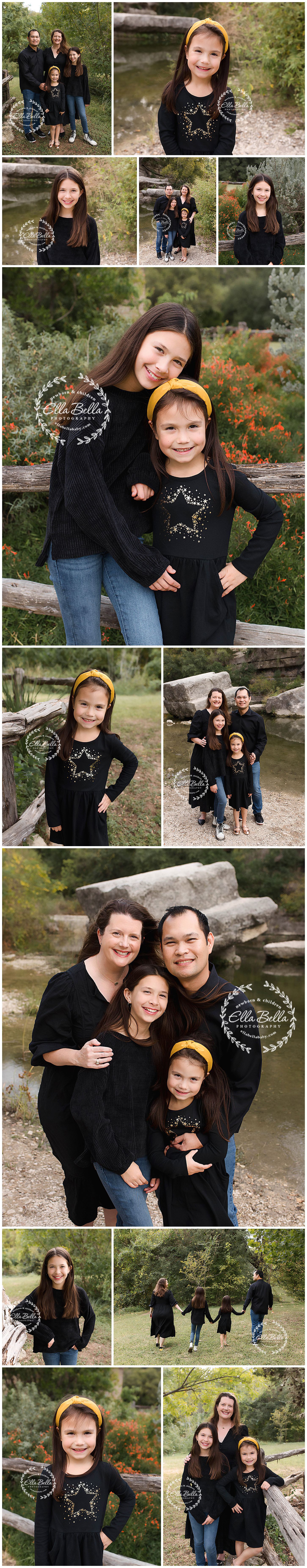 Family photo collection in coordinated black outfits featuring natural outdoor settings and individual portraits.