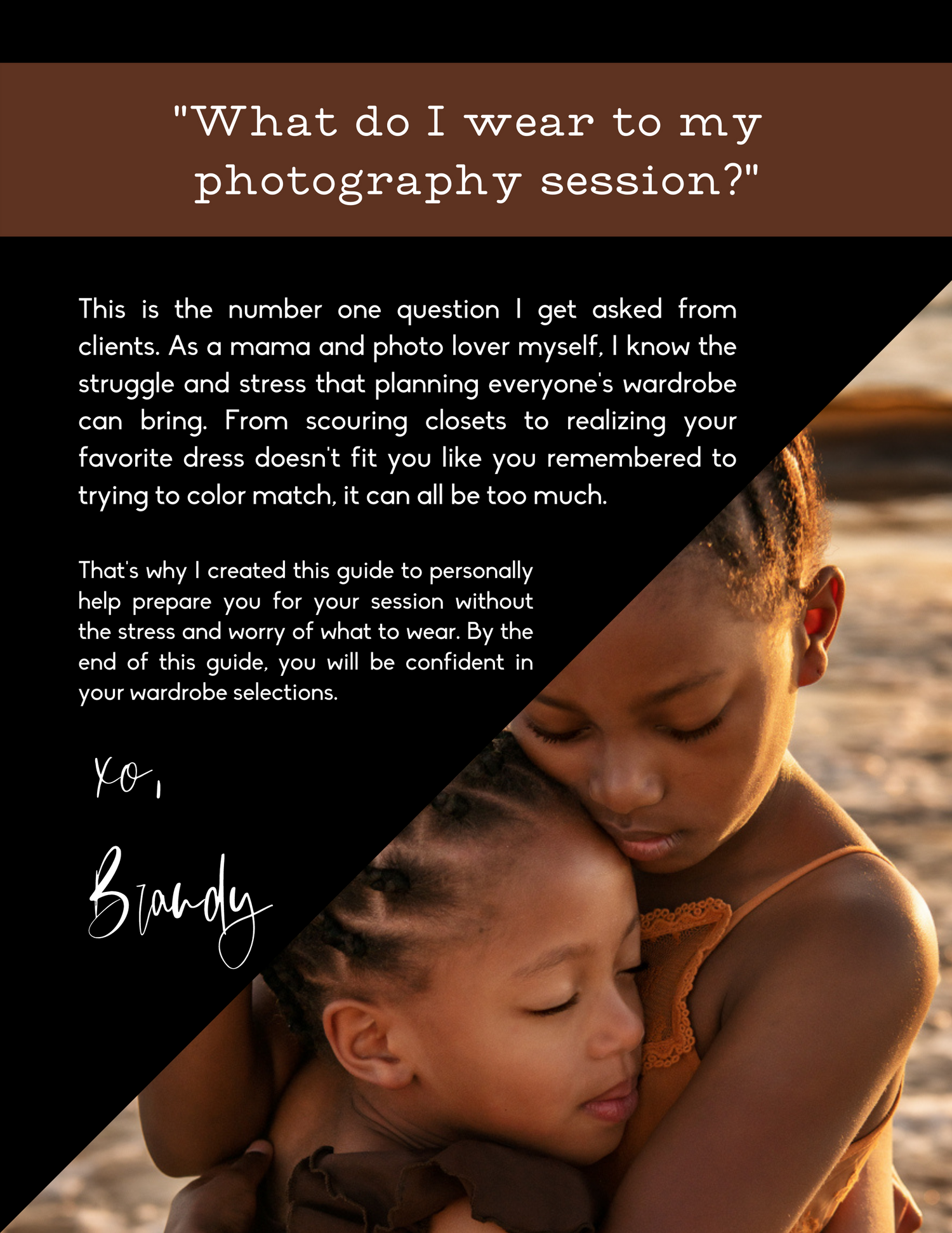 Photography session wardrobe guide cover featuring a mother and child in a warm embrace.