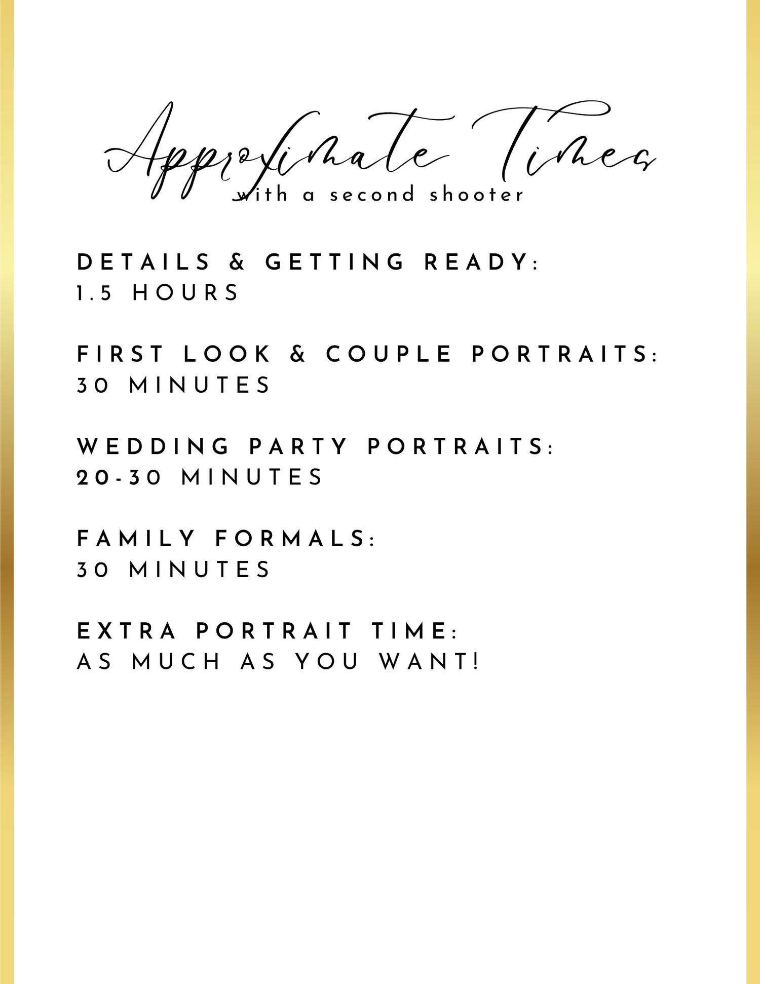 Wedding day timeline details displayed in elegant black typography on white background.