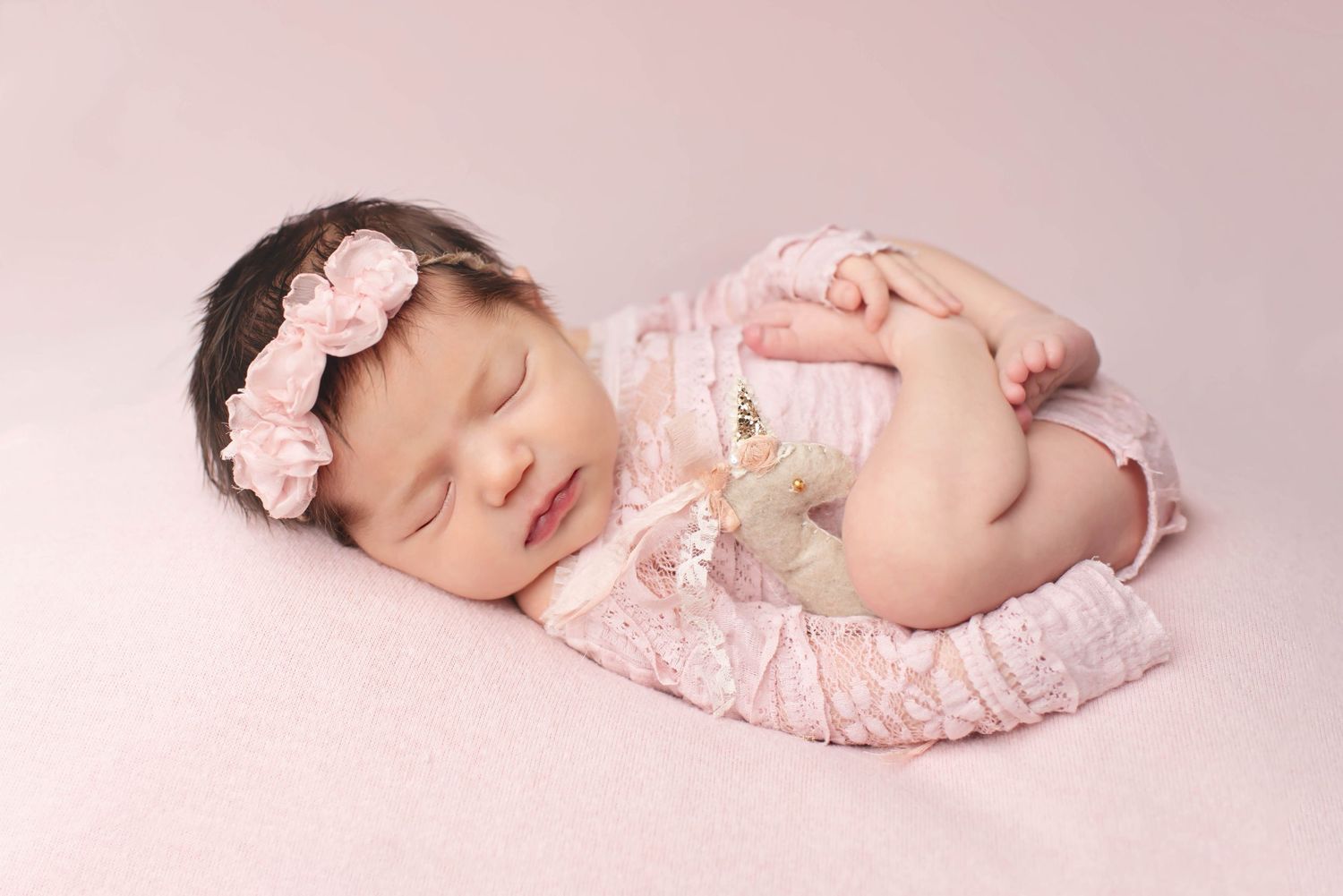 sweet little newborn baby girl in pink with pink backdrop with unicorn