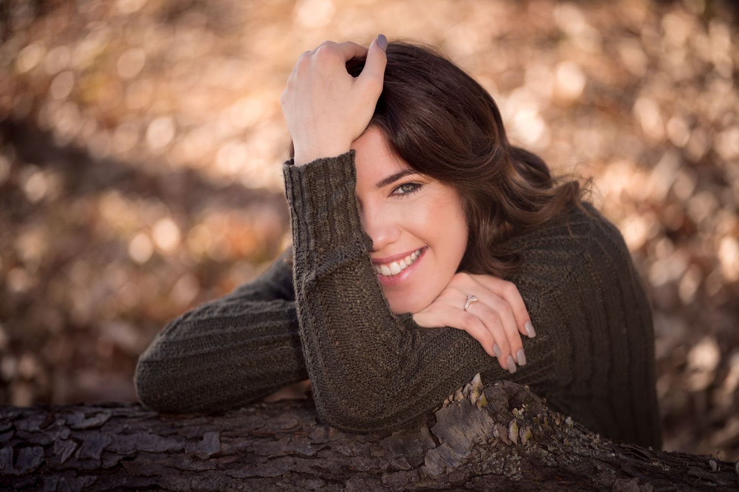 Moody autumn portrait series with warm brown tones and soft focus effects.