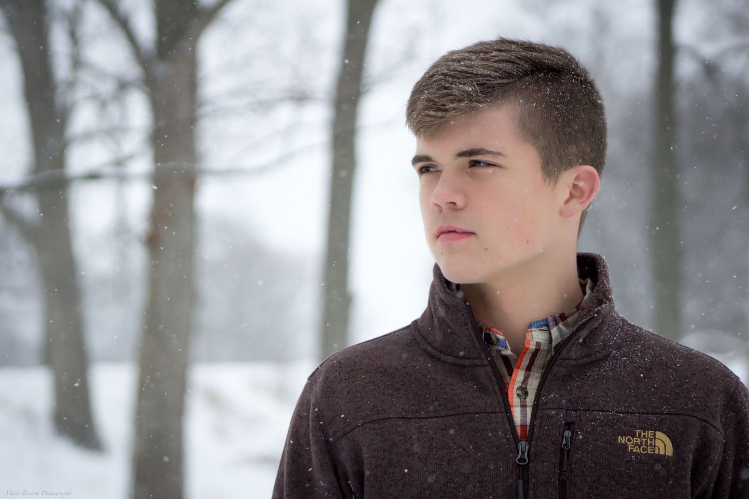 Young man in a North Face fleece jacket gazing thoughtfully in a snowy winter landscape.
