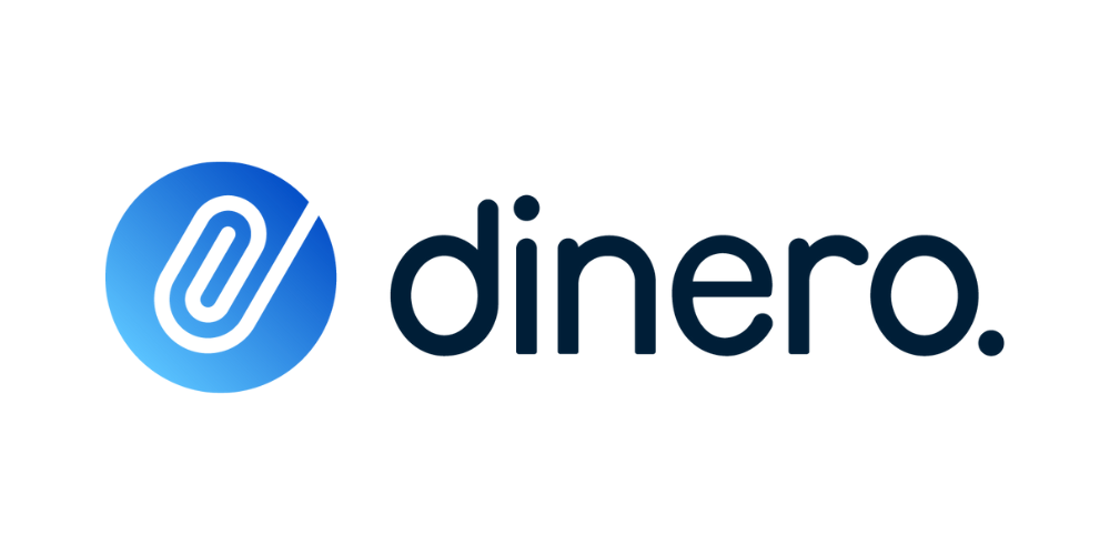 Dinero logo with blue paperclip icon and modern sans-serif typography.