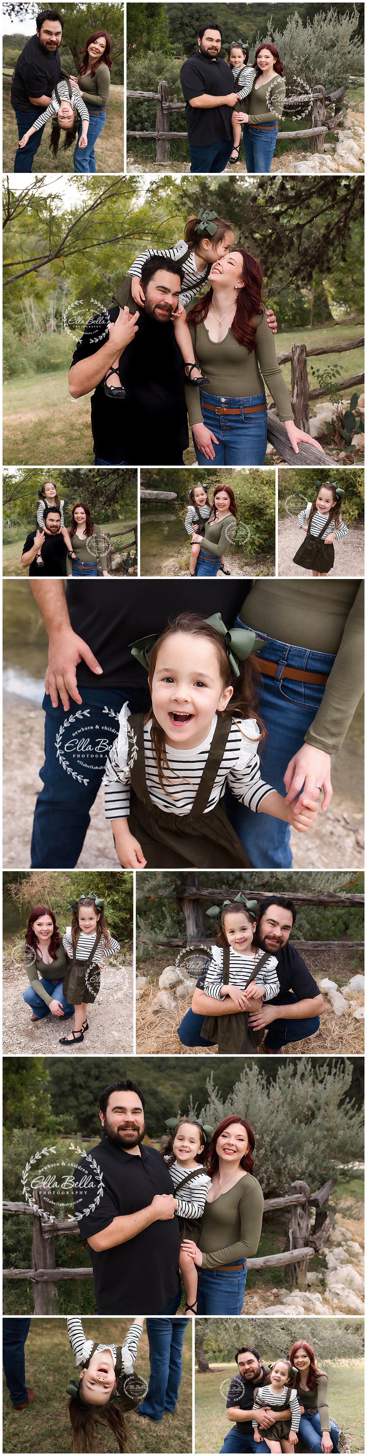 Collection of candid family photos outdoors featuring playful moments and natural interactions.