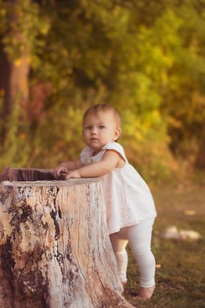 Baby in white outfit playing on rustic tree stump in autumn setting.