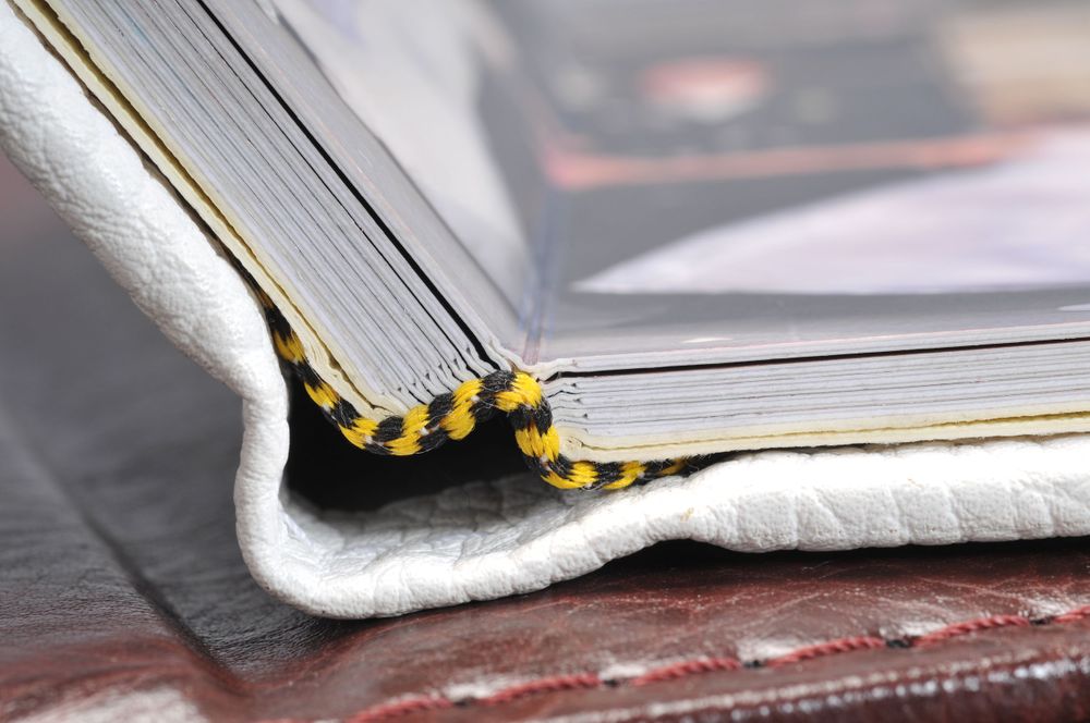 Close-up macro shot of an open book spine showing yellow and black binding stitches against white pages.