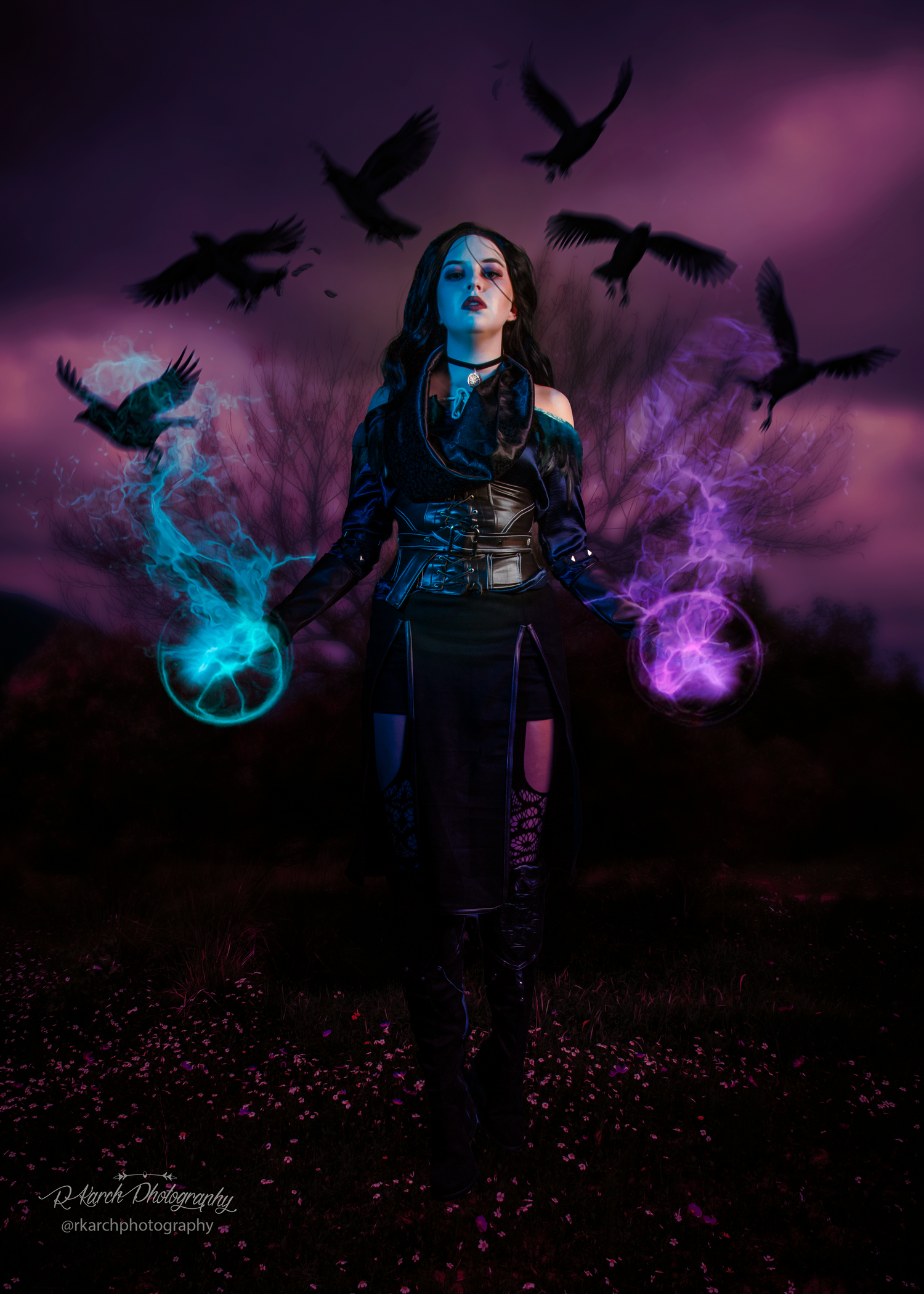 Dark fantasy portrait with glowing orbs and ravens against a purple twilight sky.