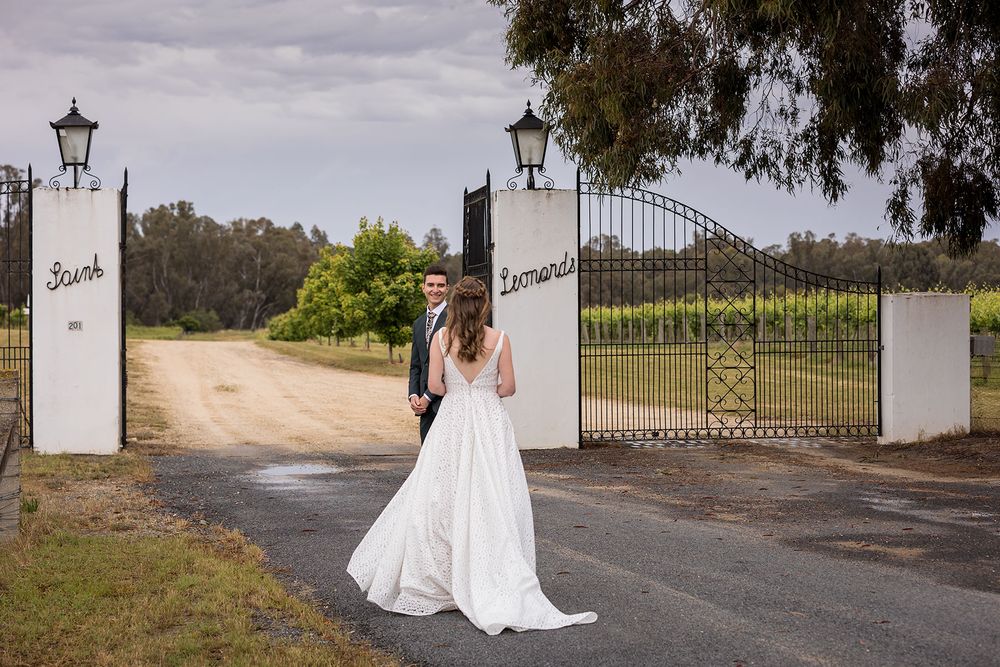 Groom waiting for his Bride at the gates of St.Leonards Vineyard before their wedding ceremony at St.Leonards Vineyard