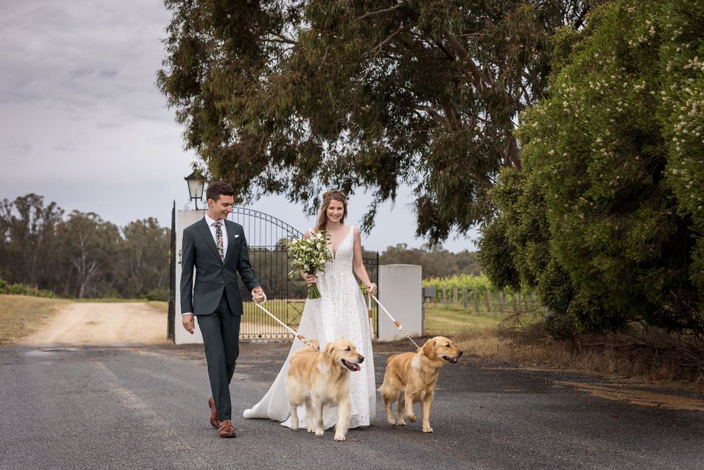 Bride and Groom sharing a moment together with their Golden Retriever dogs before their wedding ceremony at St.Leonards