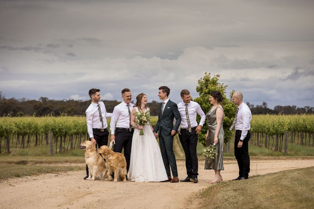 Bridal Party sharing a moment together with their Golden Retriever dogs before their wedding ceremony at St.Leonards