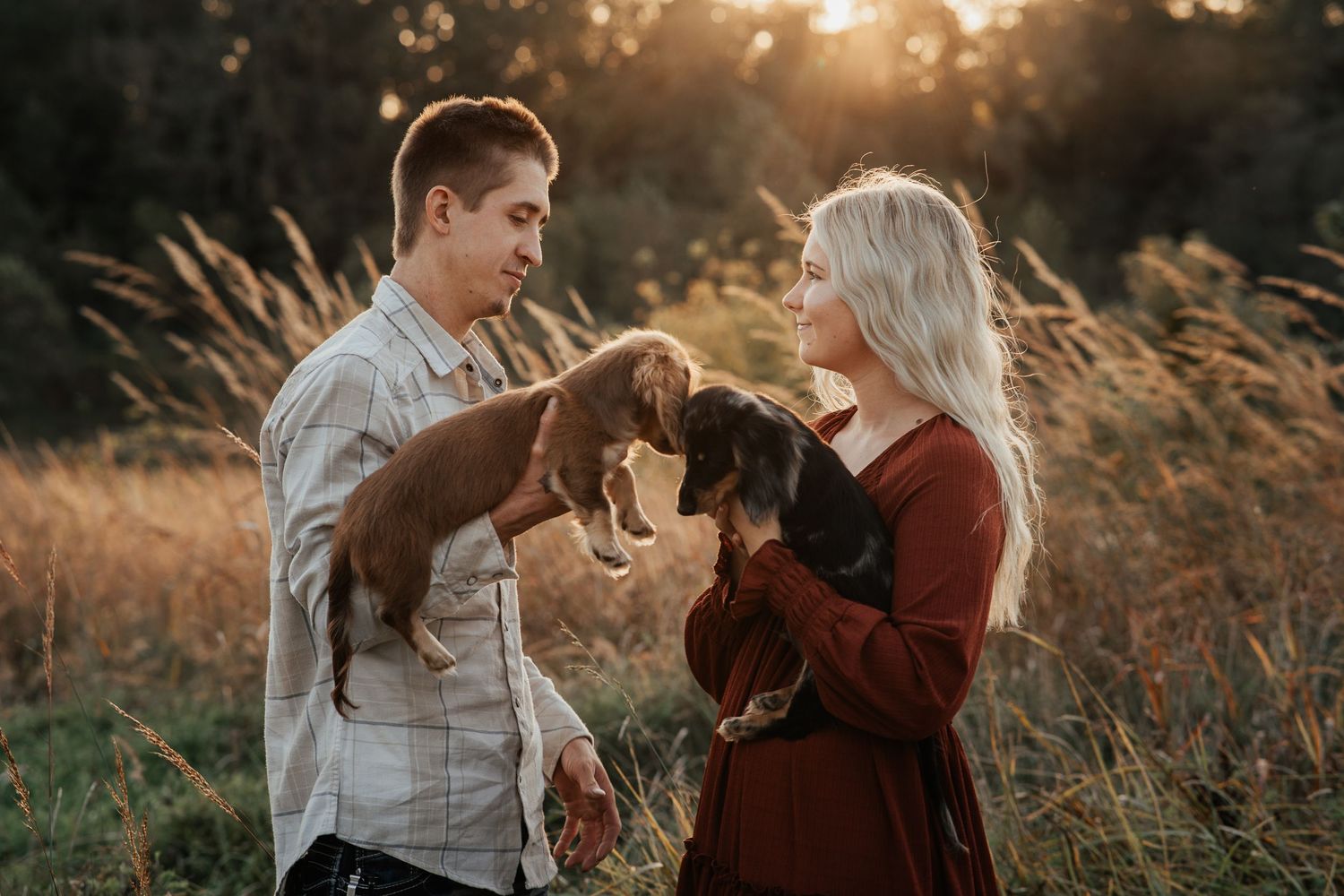 Young couple holding their dachshund puppy during sunset photoshoot in tall grass.