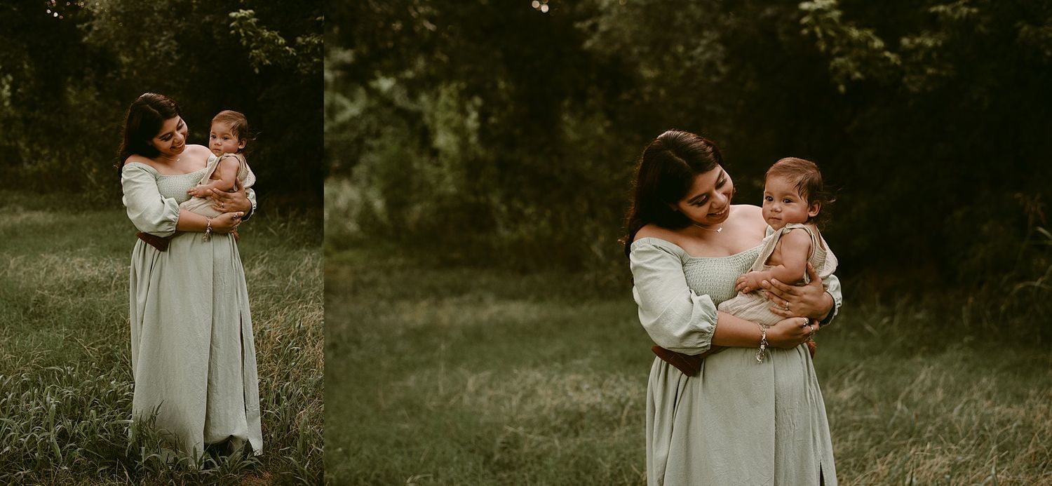 Diptych of intimate outdoor portraits showing tender embraces against a wooded backdrop.