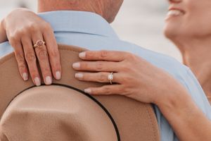 A series of close-up shots focusing on hands with engagement rings.
