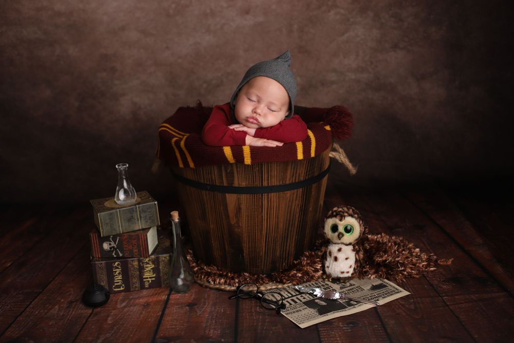 Newborn baby sleeps in wooden bucket with Harry Potter themed props and owl toy.
