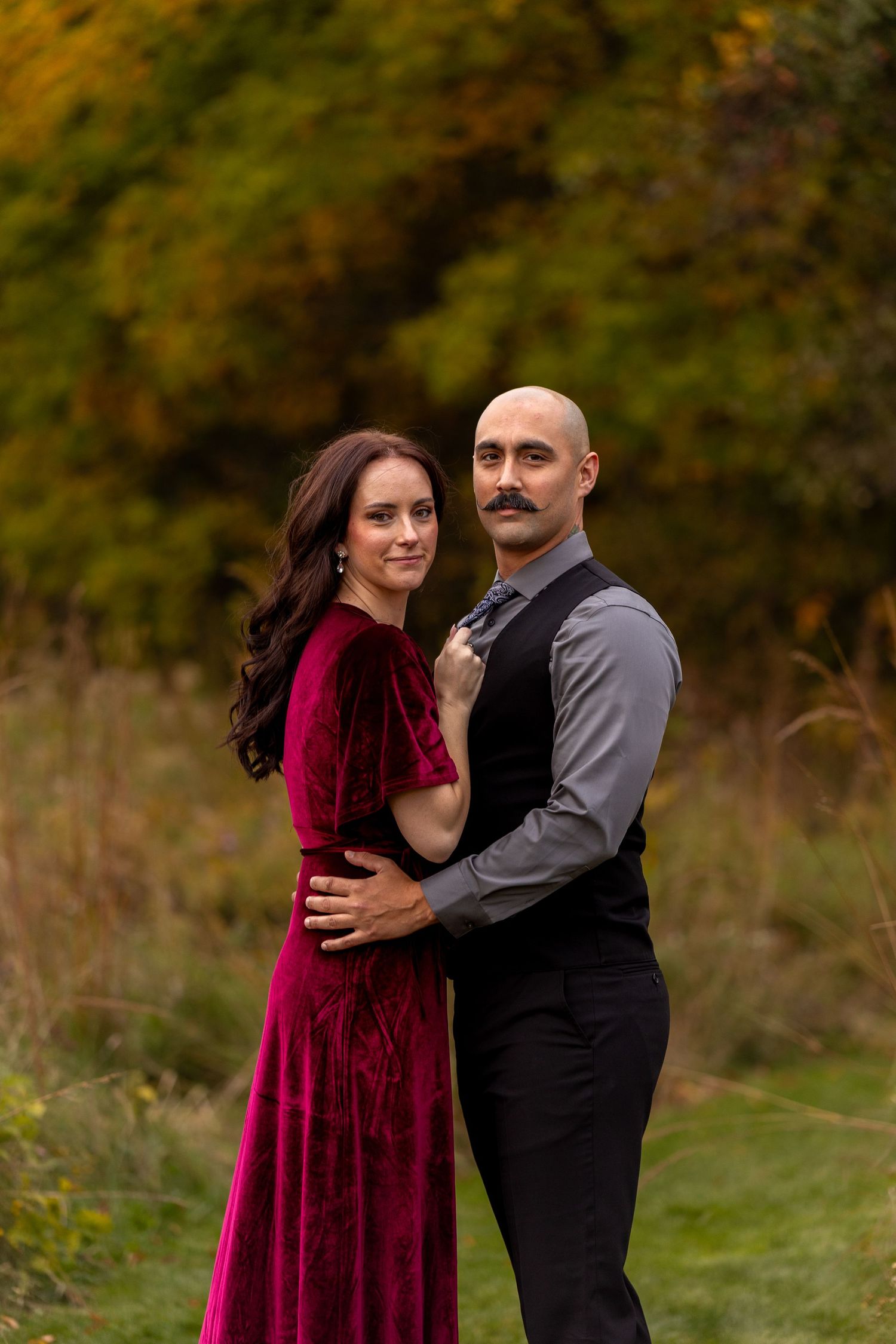 engagement photos burgundy dress Engagement
