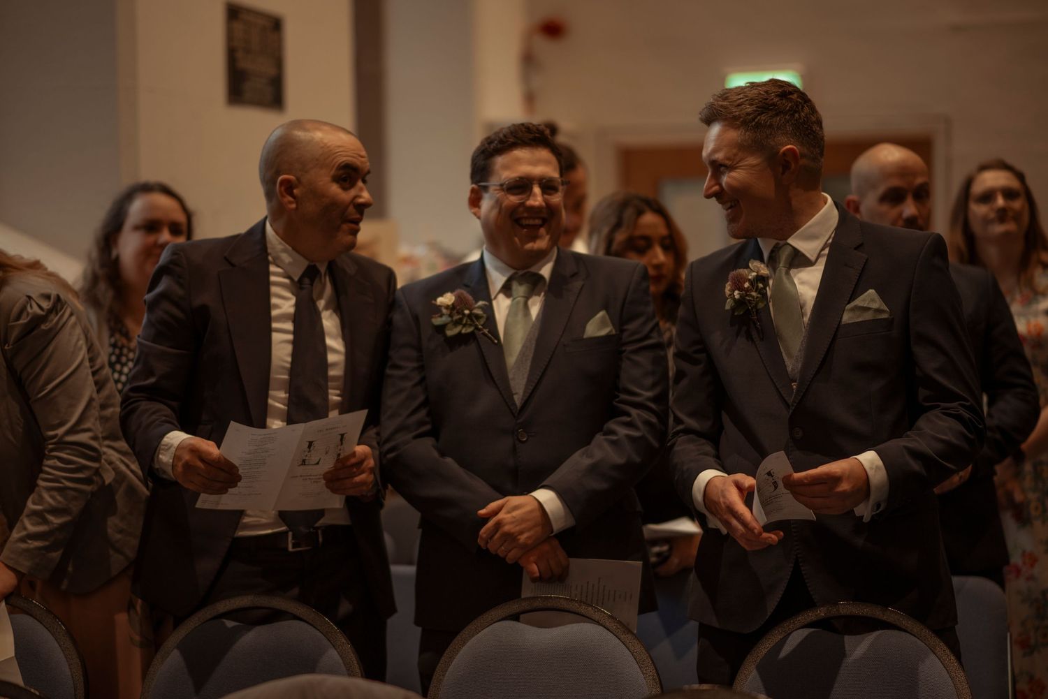 three laughing groomsmen, sheffield wedding