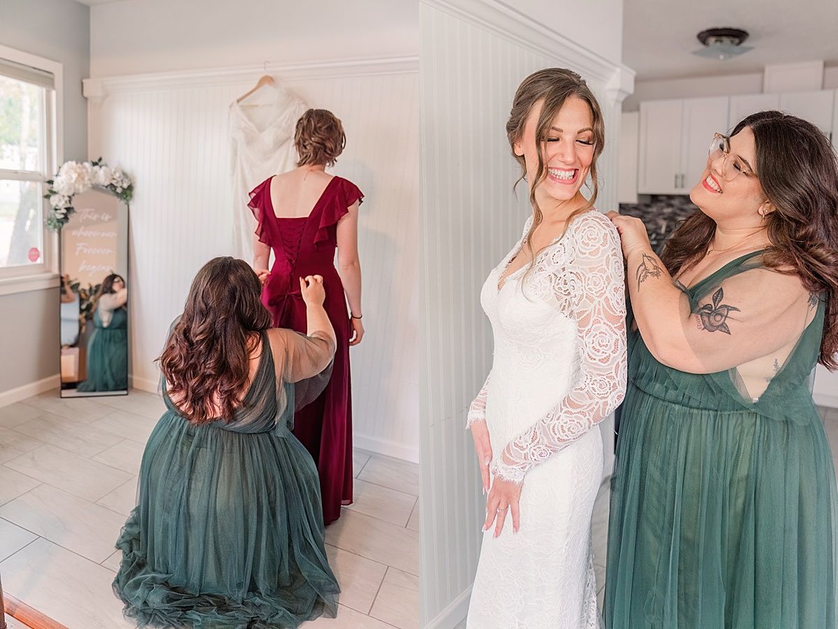 bride bridesmaid maid of honor getting dressed