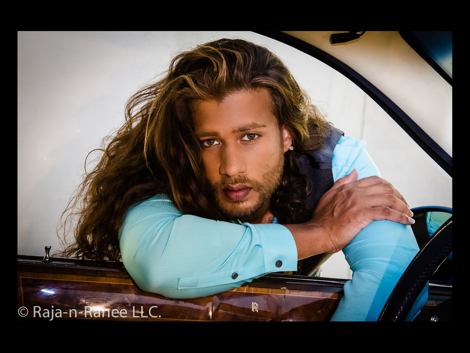 Fashion editorial style photos featuring aqua colored clothing and vintage car interior.