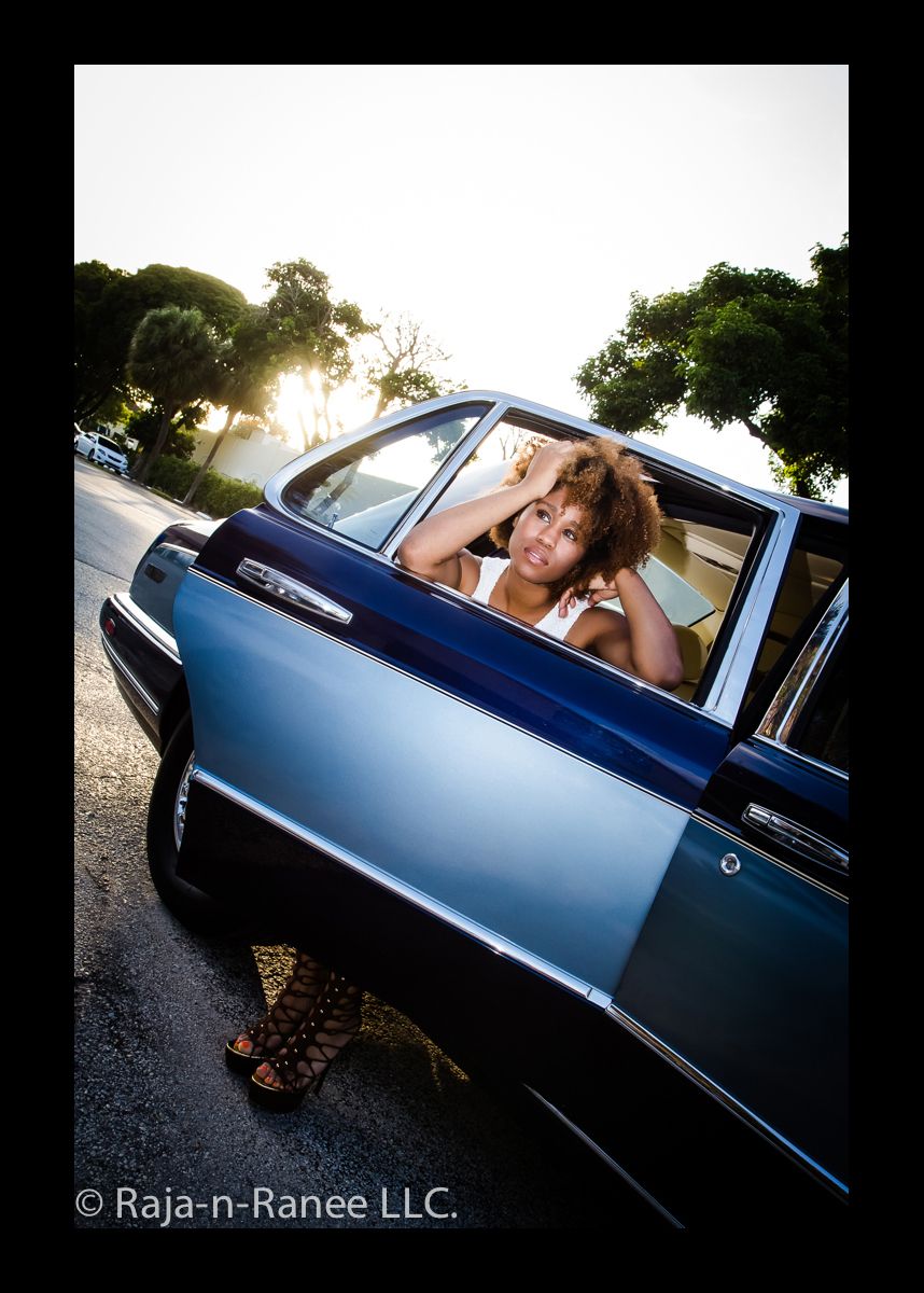 Artistic portrait series featuring a blue vintage luxury car at sunset.