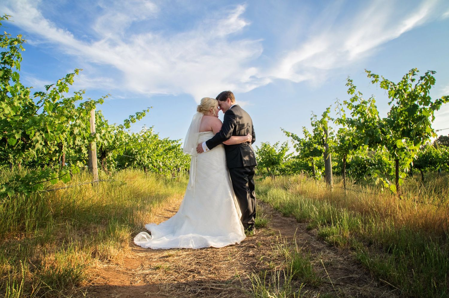 bride and groom embracing in wineyards swan valley
