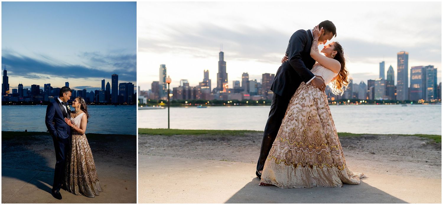 Romantic wedding photos against Chicago's stunning skyline at sunset with Lake Michigan in the background.