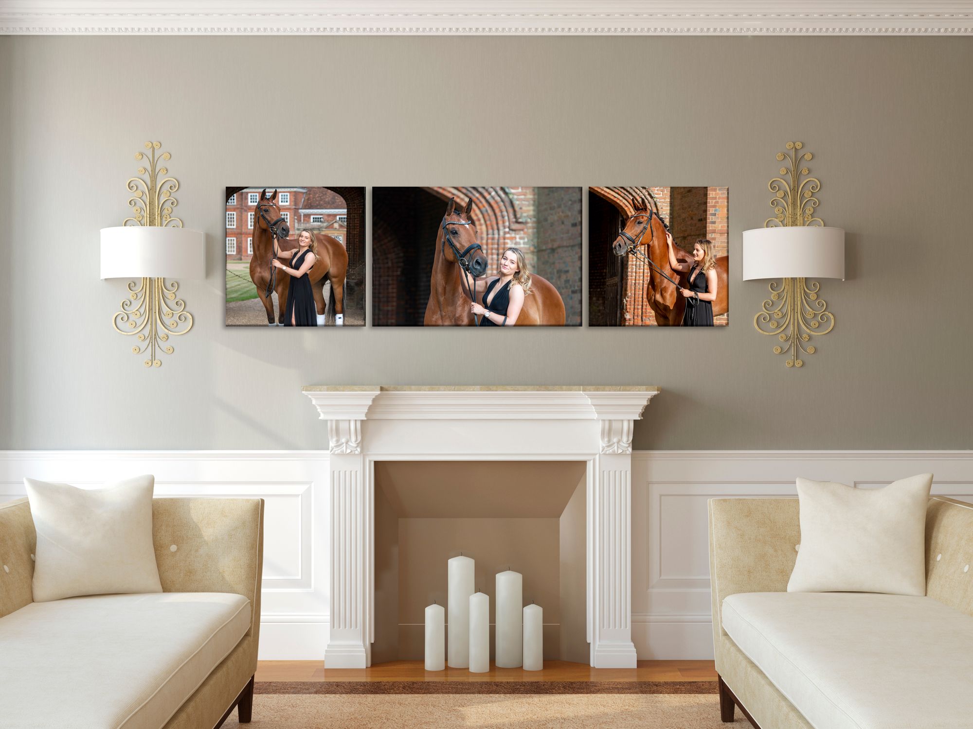 An example of the prints on a wall from an amazing equine photo shoot.
