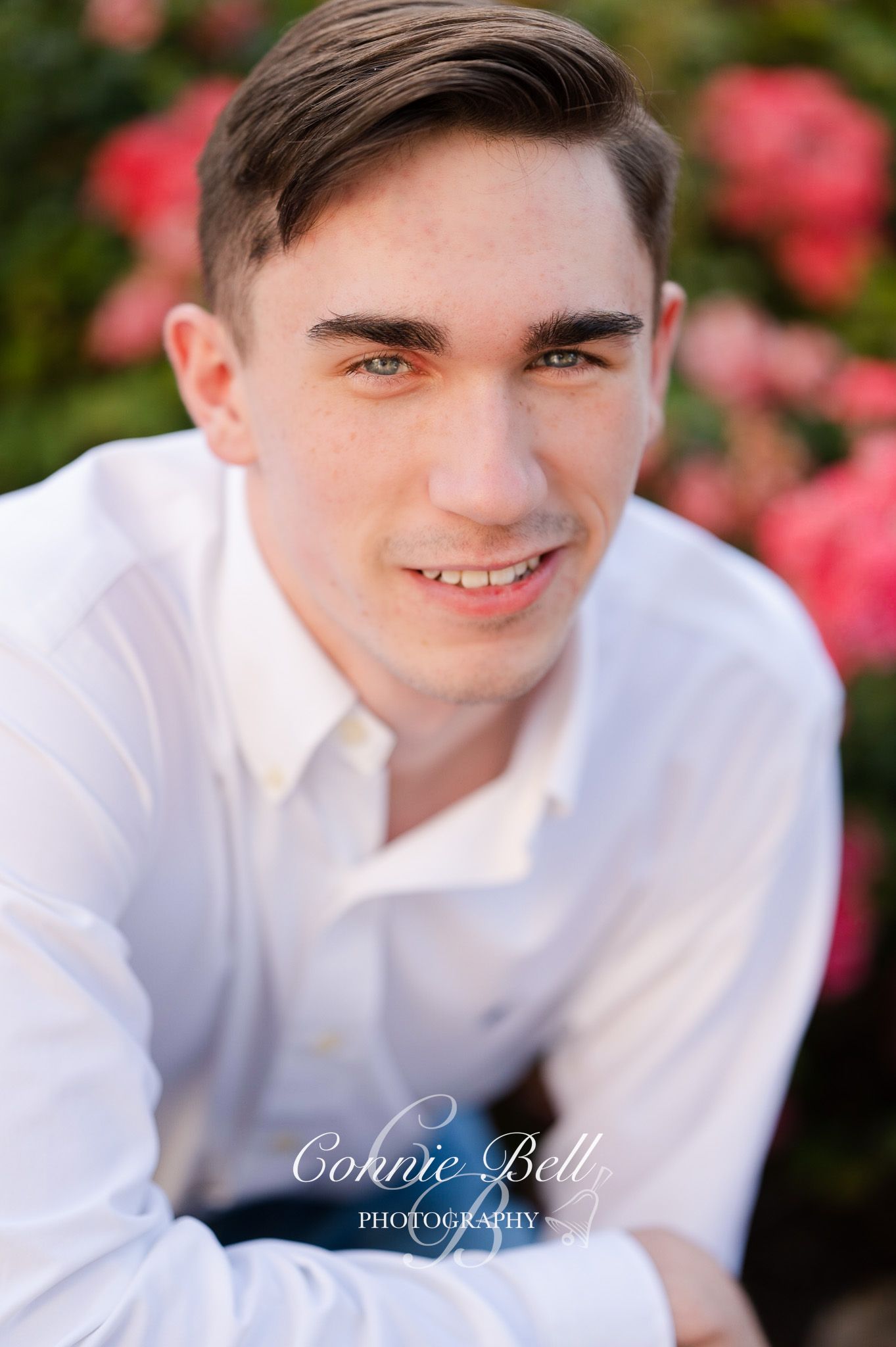 Portrait against pink roses wearing white button-up shirt with styled brown hair.