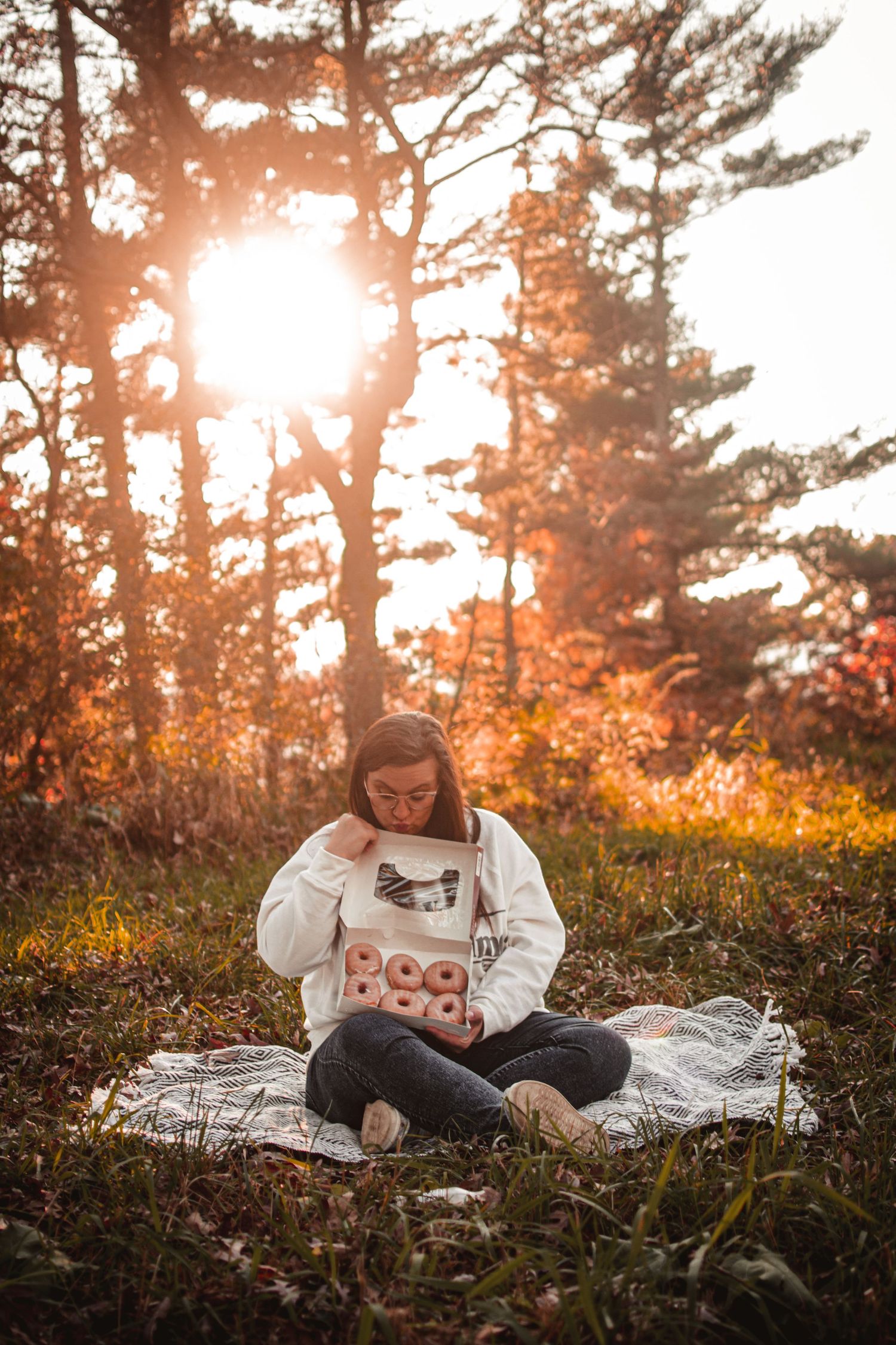 Person sits on blanket reading a book in autumn forest with sun streaming through pine trees at golden hour.