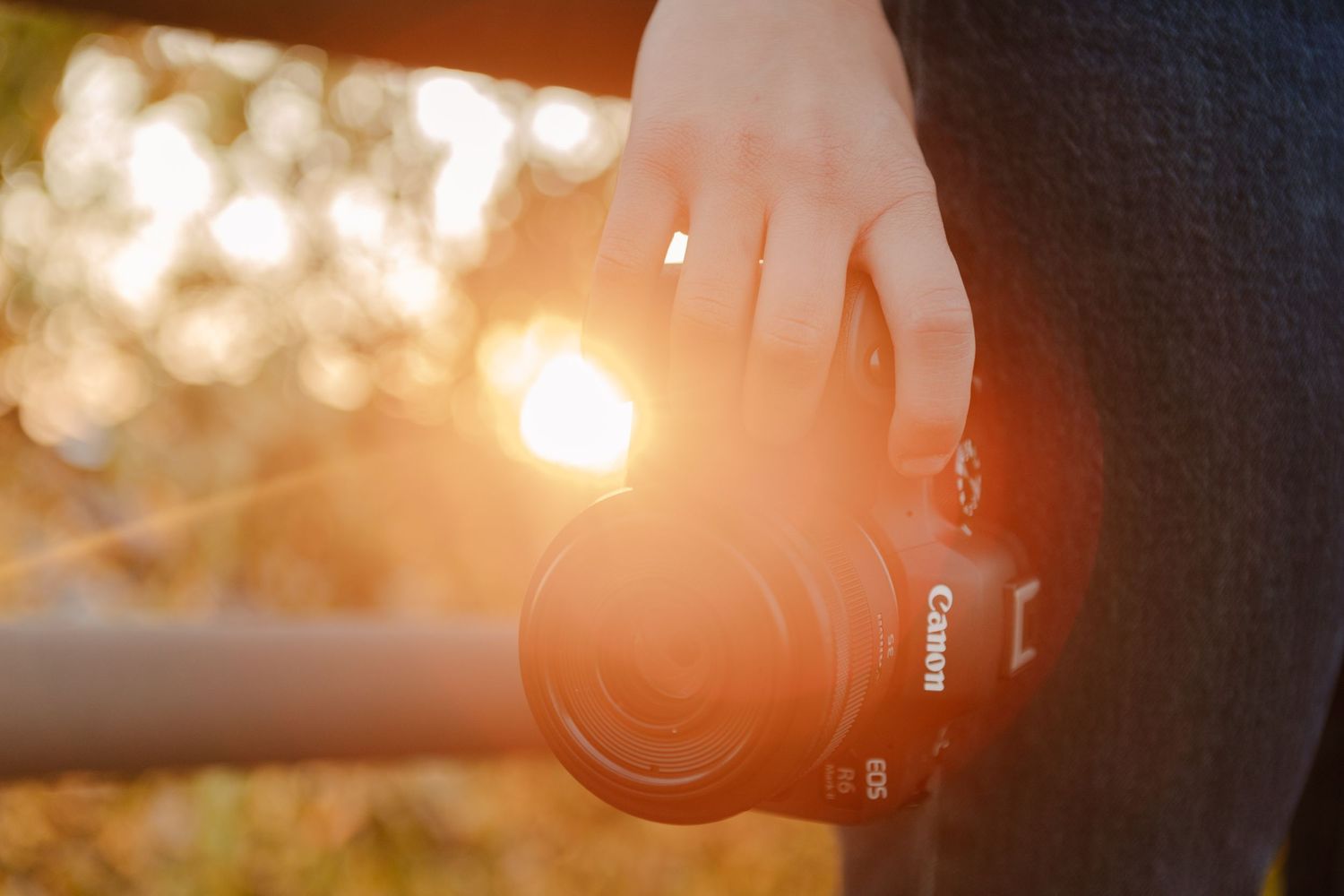 Golden sunlight streams through camera equipment creating a warm lens flare effect.