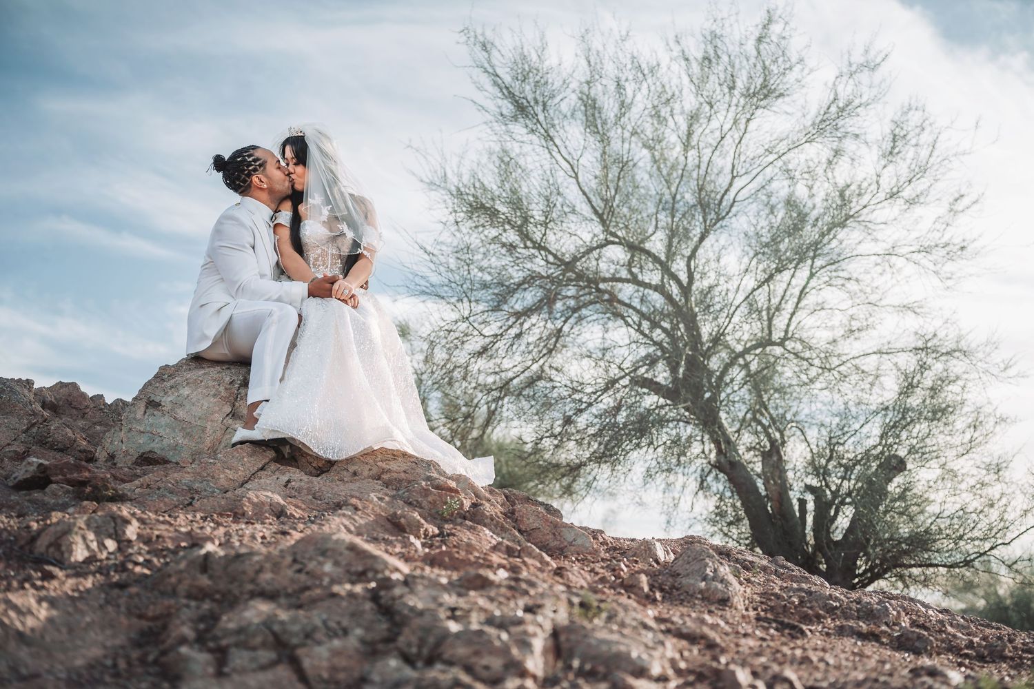 A romantic wedding couple sitting on rocks with a bare tree silhouetted against a cloudy sky.