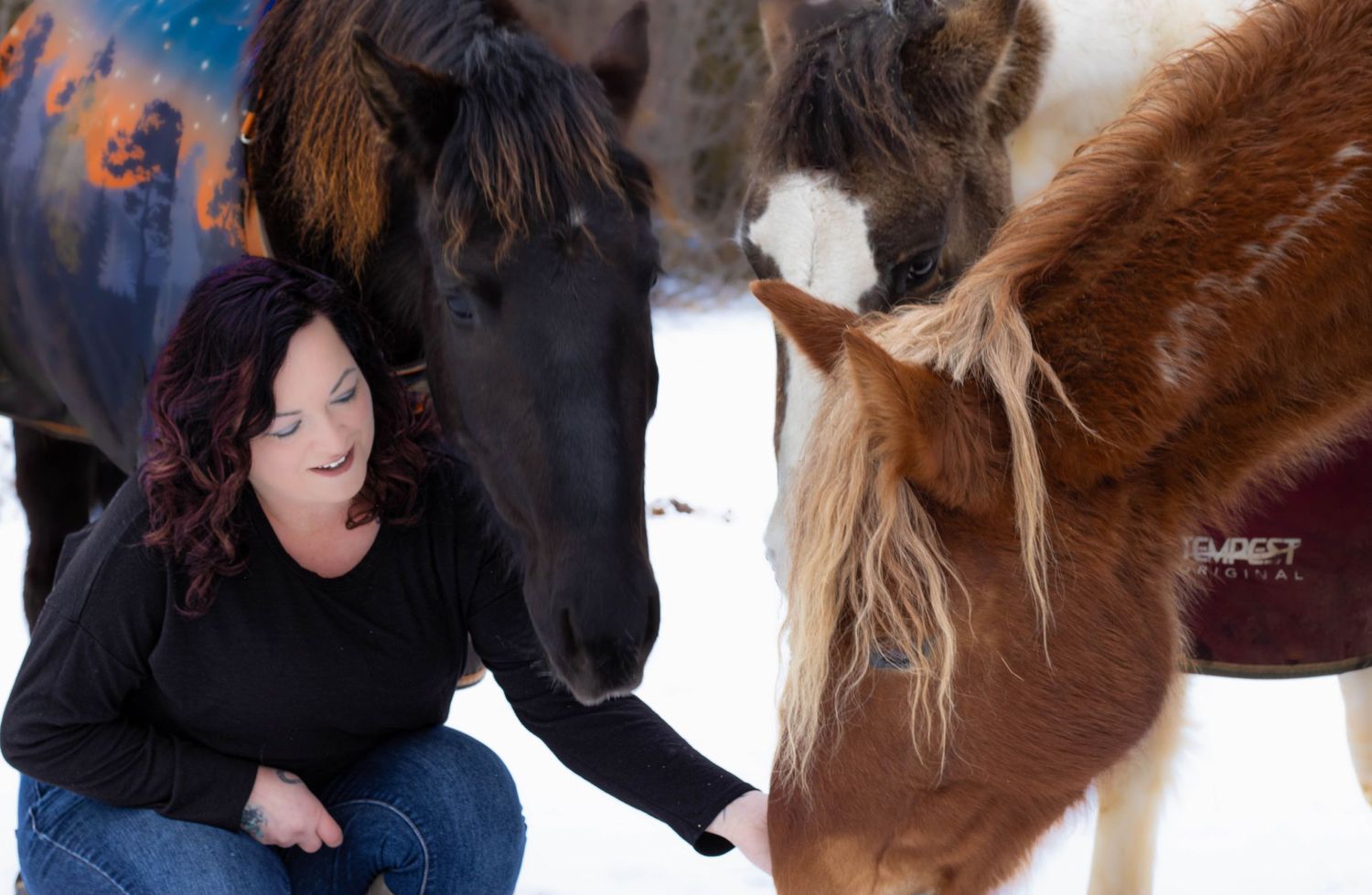Person in black jacket sharing a tender moment with two horses in winter snow.