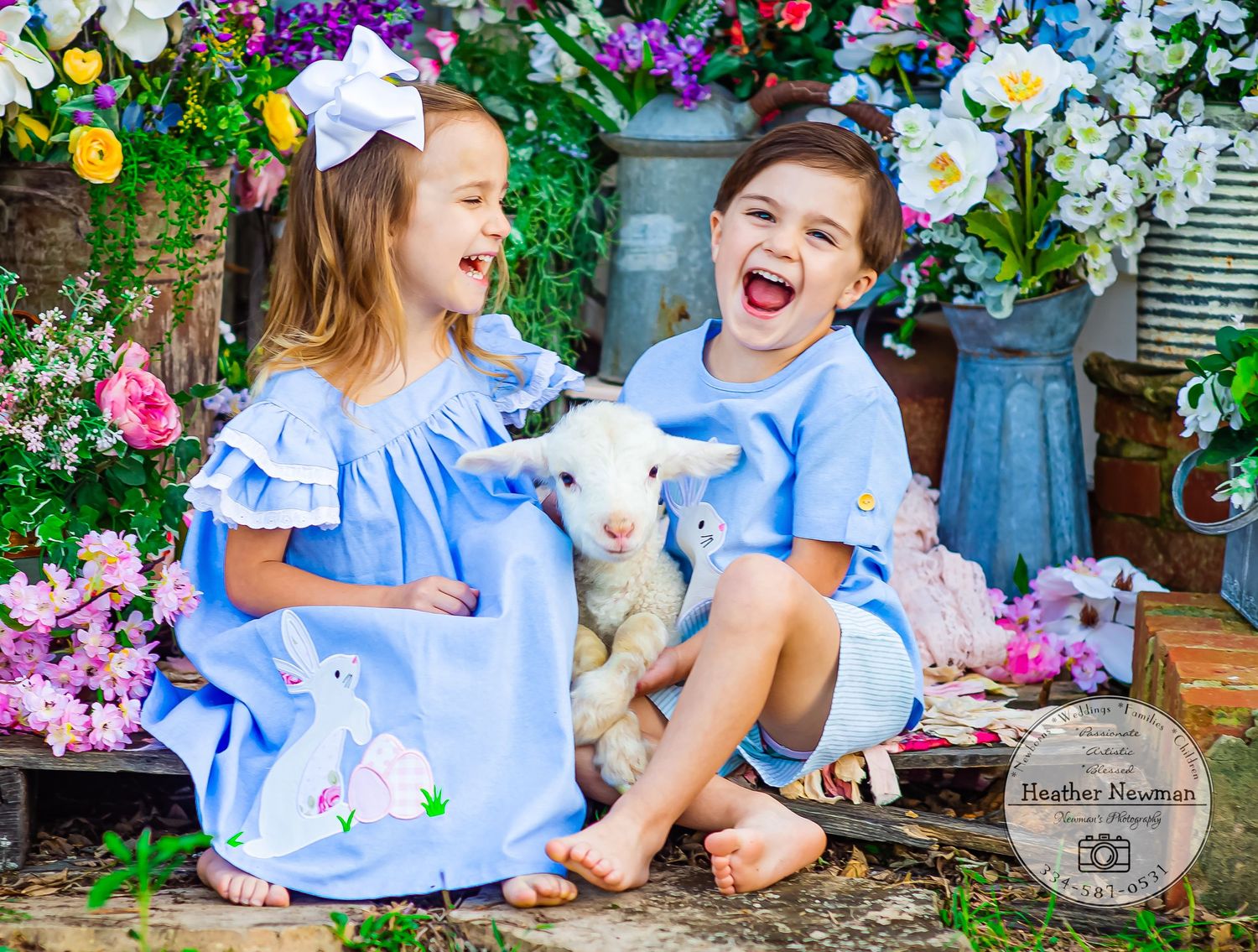 Easter spring mini session Alabama creative set flowers baby duckling bunny lamb Alabama smiles Session with animals siblings twins laugh