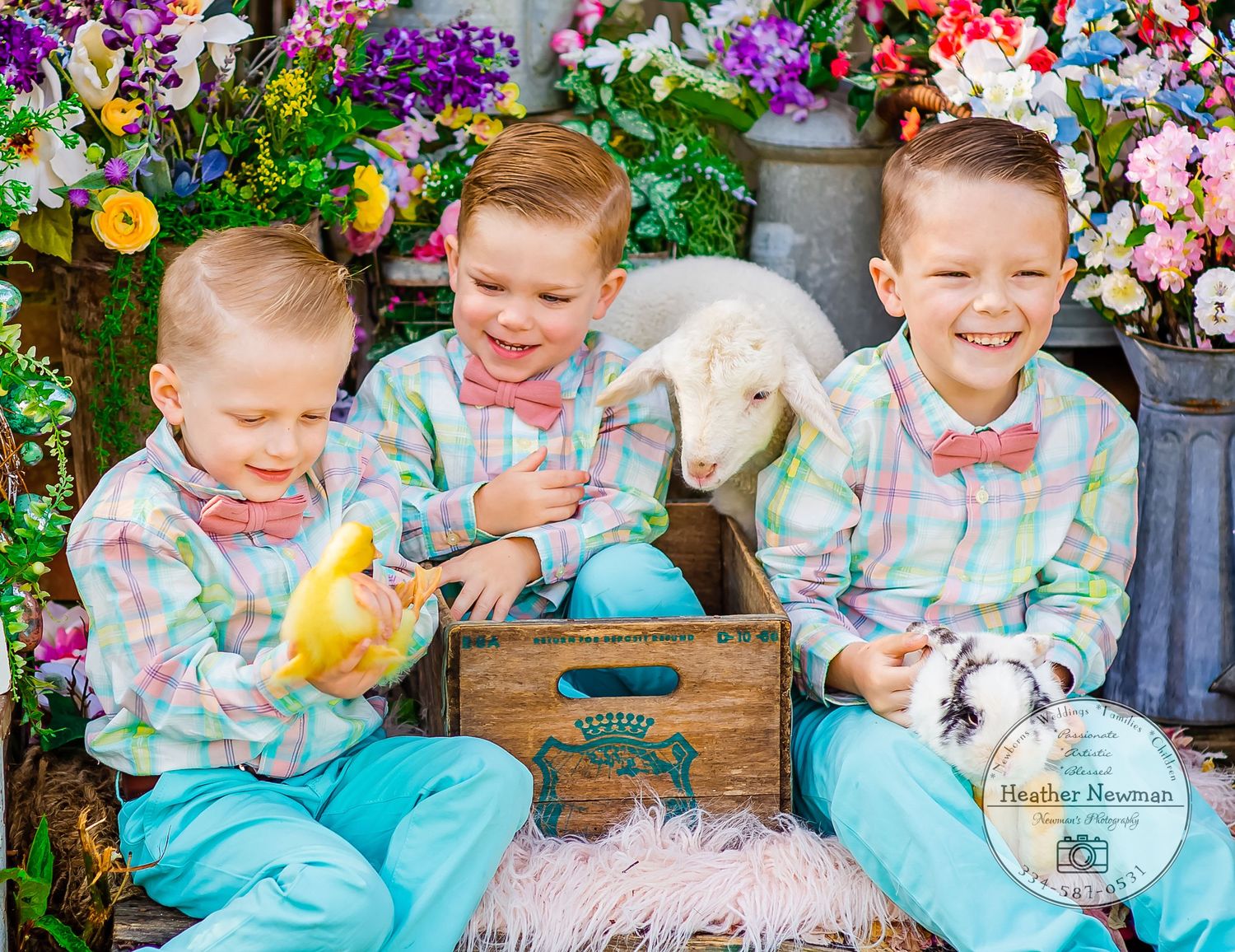 Easter spring mini session Alabama creative set flowers baby duckling bunny lamb Alabama smiles Session with animals siblings