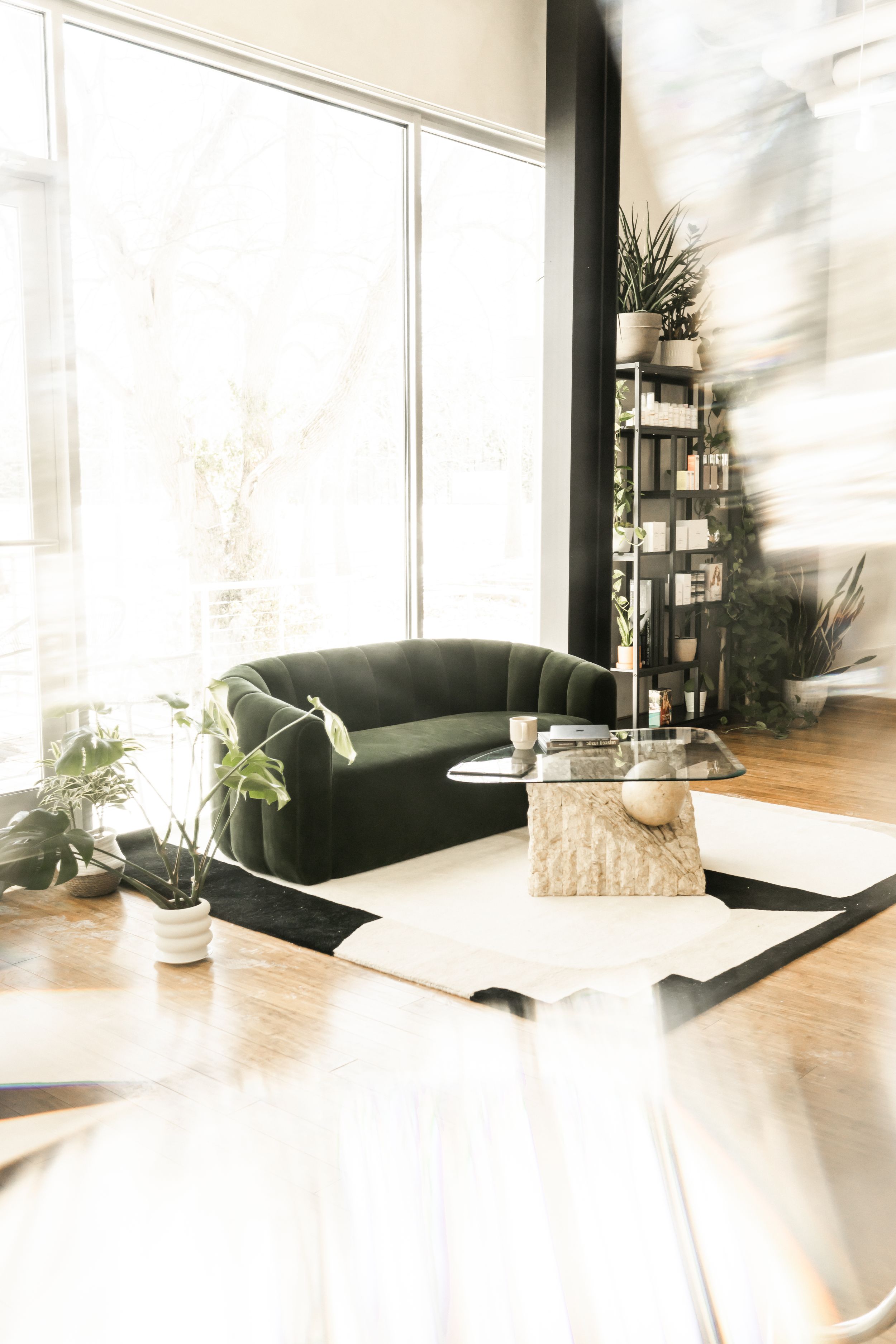 Bright modern salon waiting area with green velvet sofa, plants, and natural window light.
