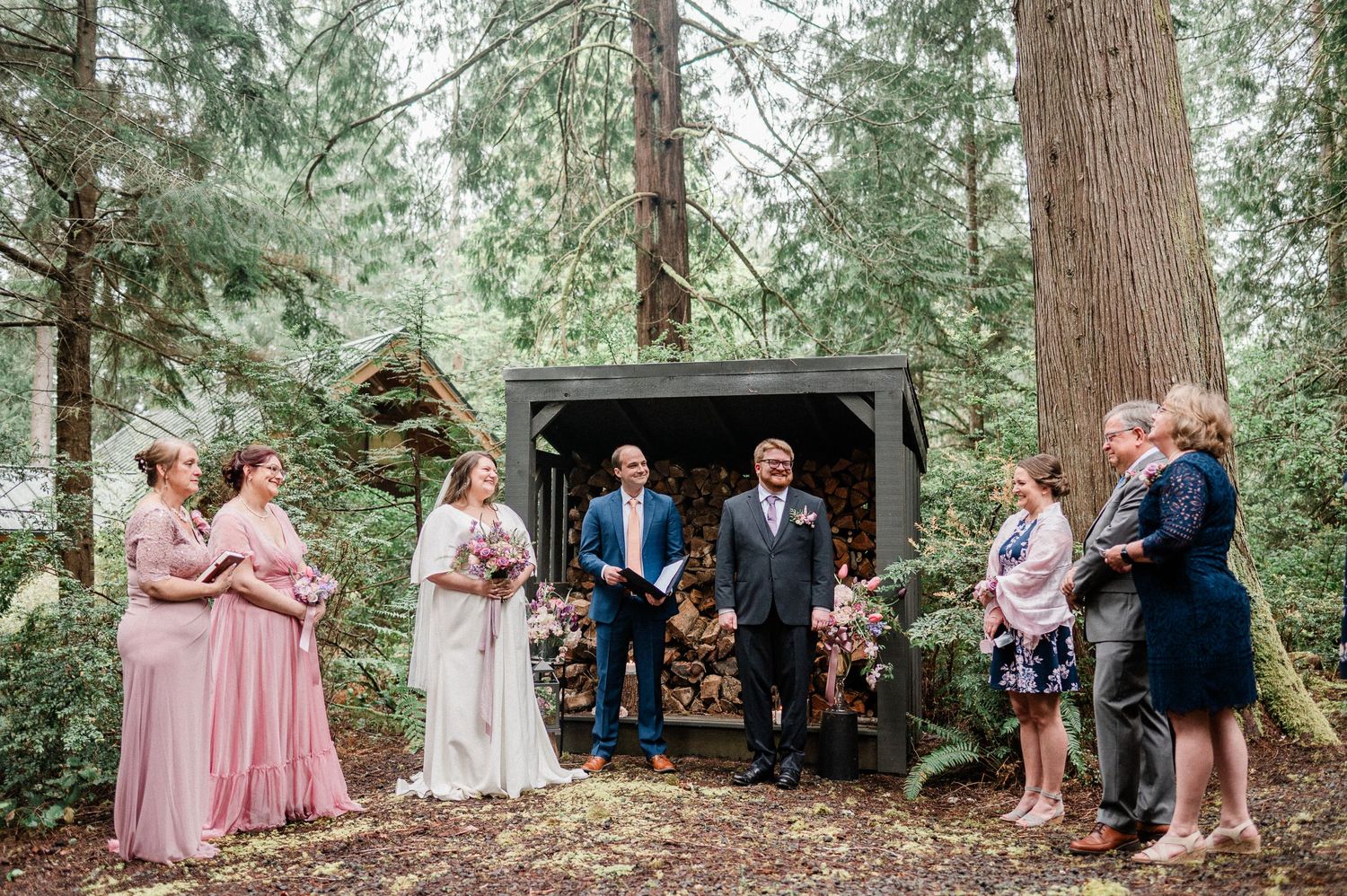 elopement ceremony outside of cabin on Harstine Island