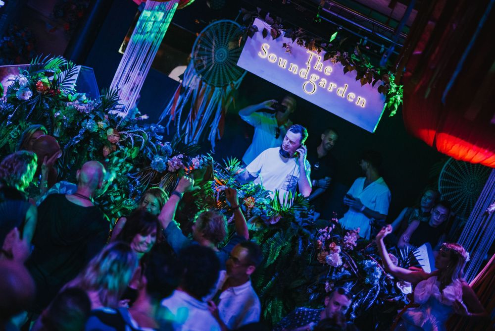 Nightclub crowd dancing beneath blue lights and decorative foliage installations.
