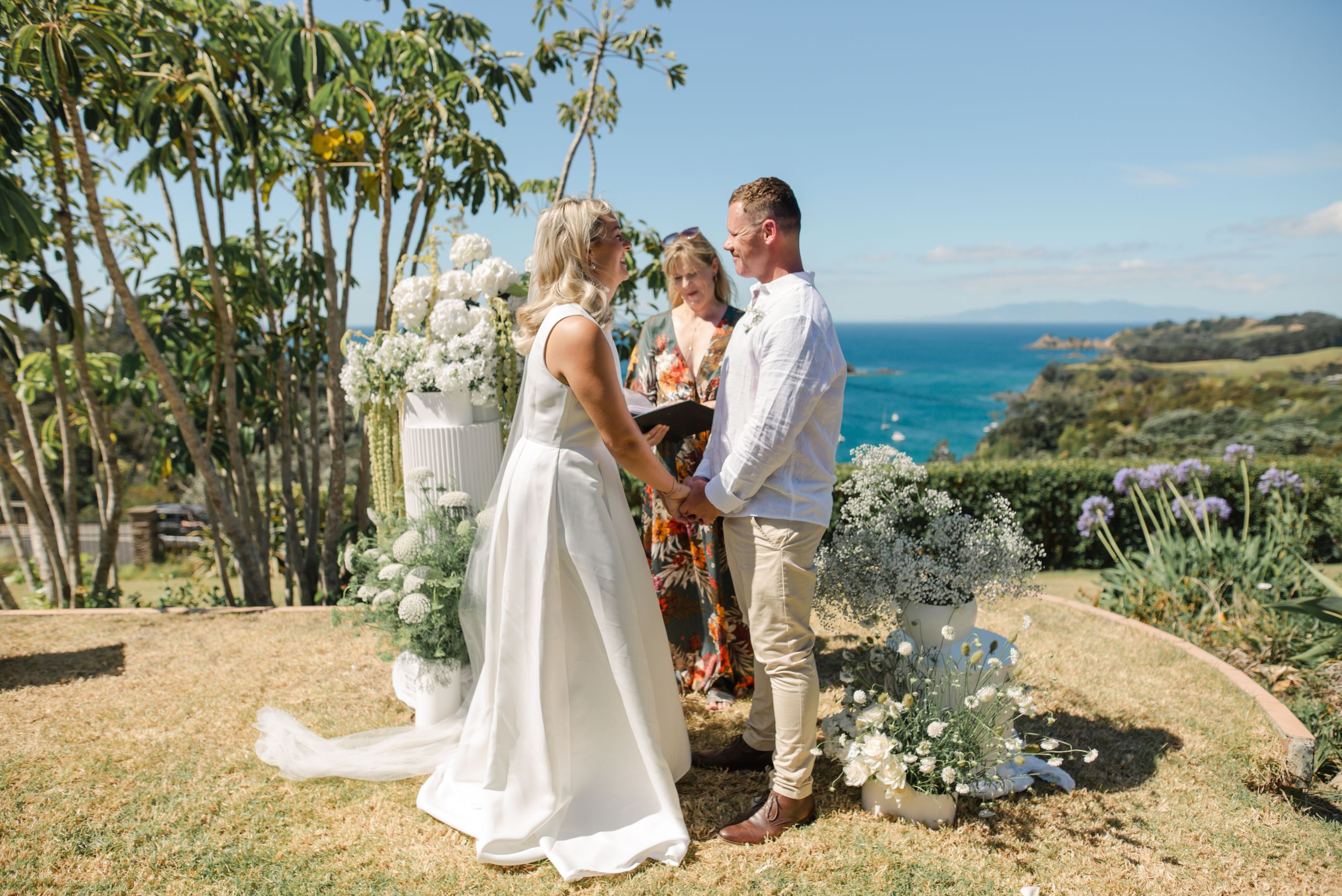 A beautiful beachfront wedding ceremony collage showing different views of the oceanside celebration with natural decor.