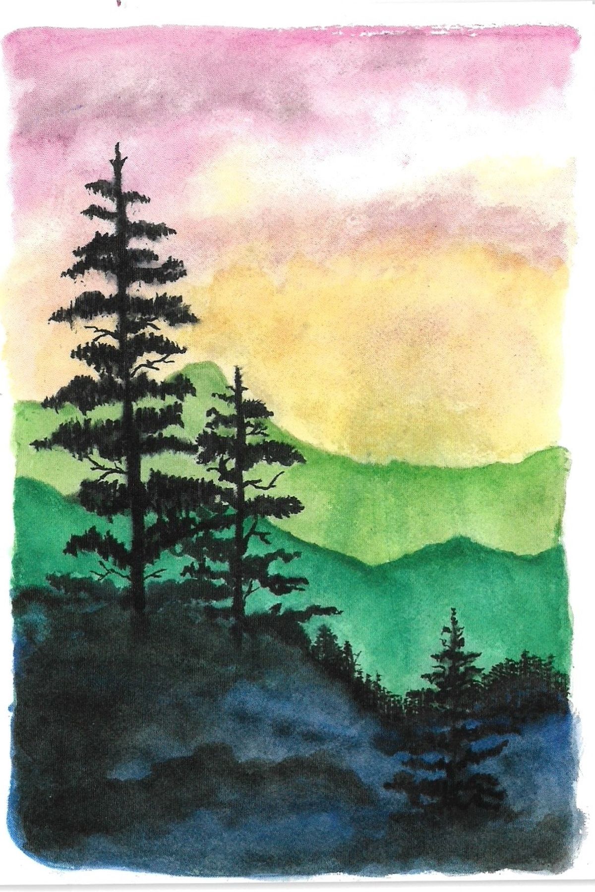 Watercolor landscape of silhouetted pine trees against mountains with pink and yellow sunset sky.