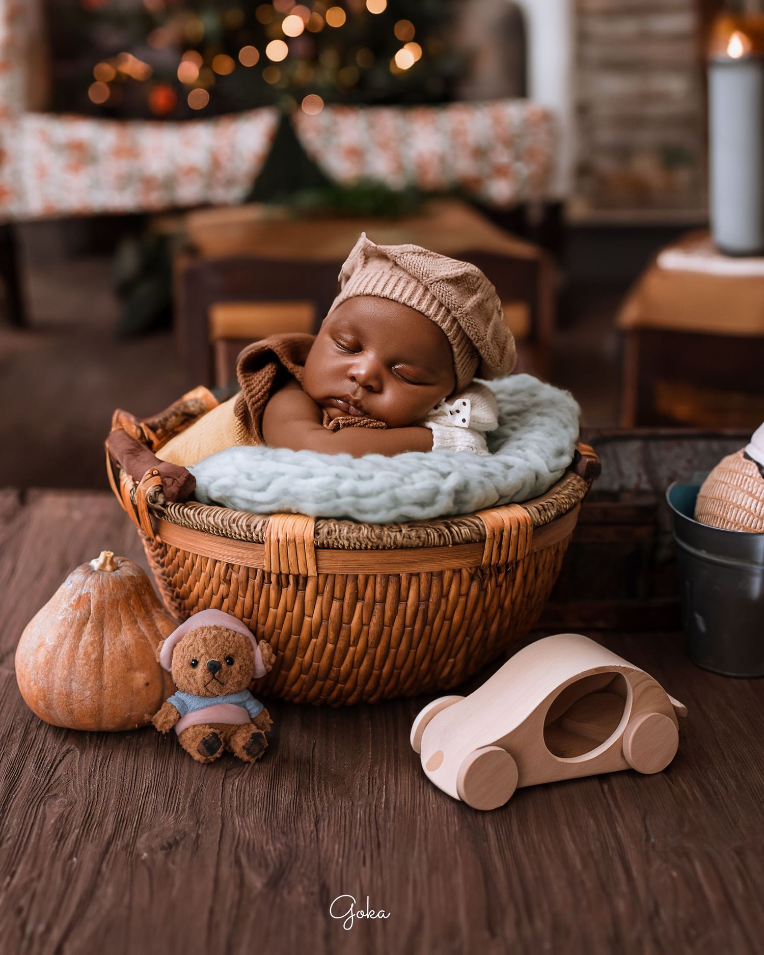 Cozy autumn newborn photo featuring wicker basket and seasonal decorations.