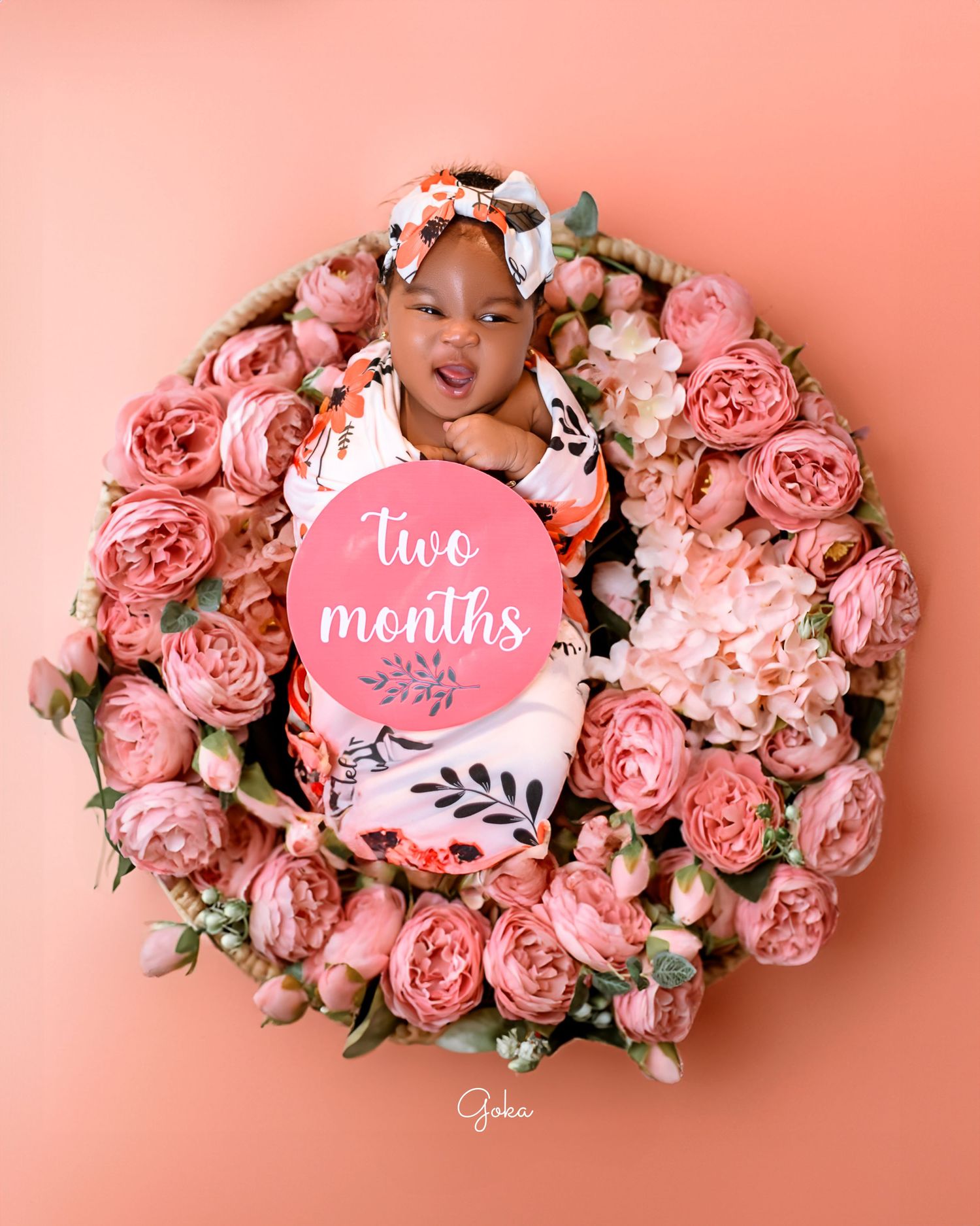 Two month milestone photo of baby surrounded by pink roses in circular arrangement.