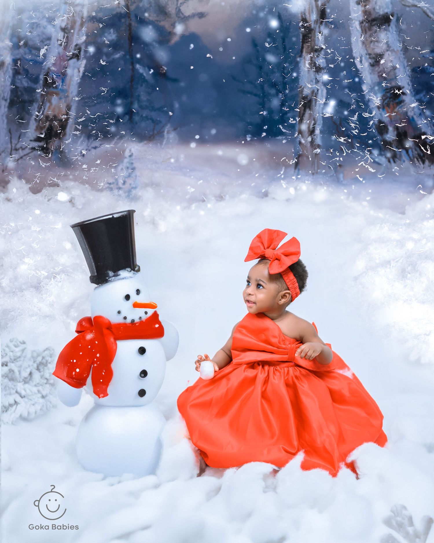 Orange dress creates striking contrast against snowy winter scene with melting snowman.