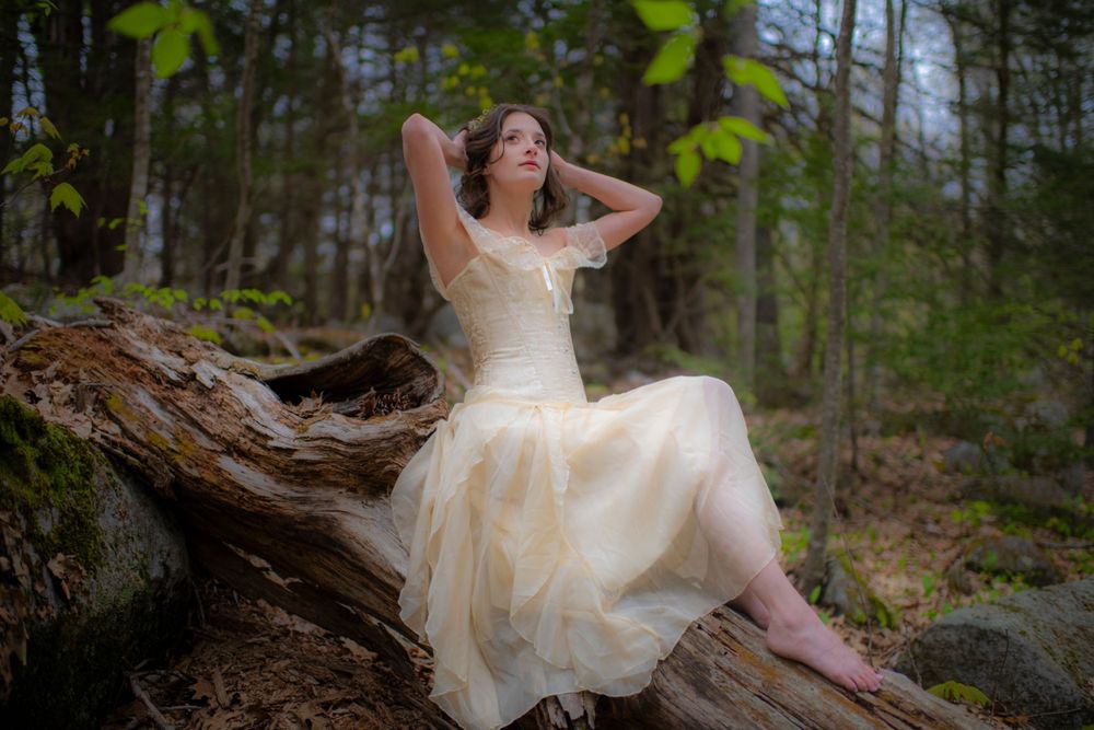 Woman in flowing cream dress poses gracefully on fallen log in spring forest setting.
