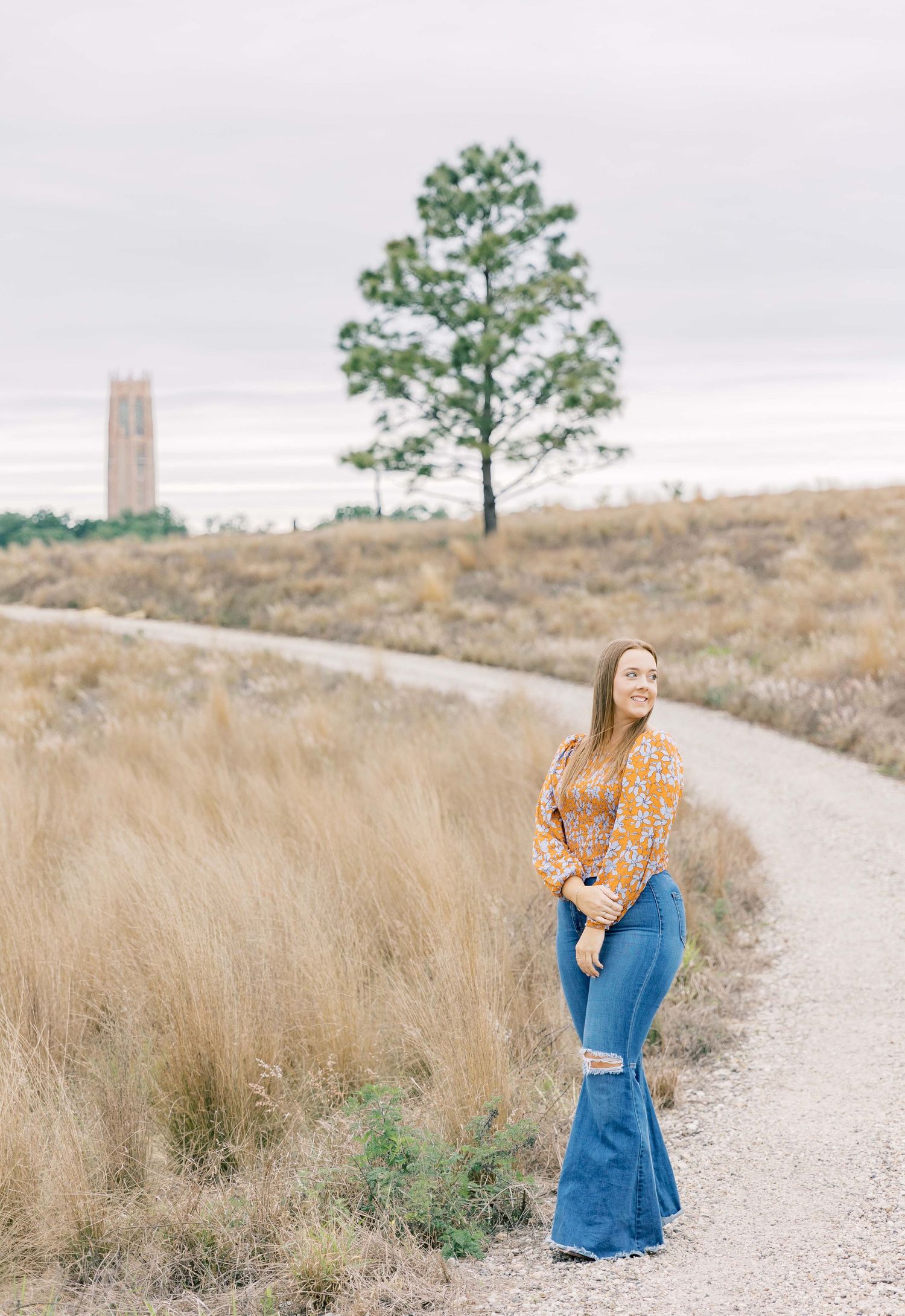 A gravel path winds through golden grass with a lone pine tree and tower in the distance.
