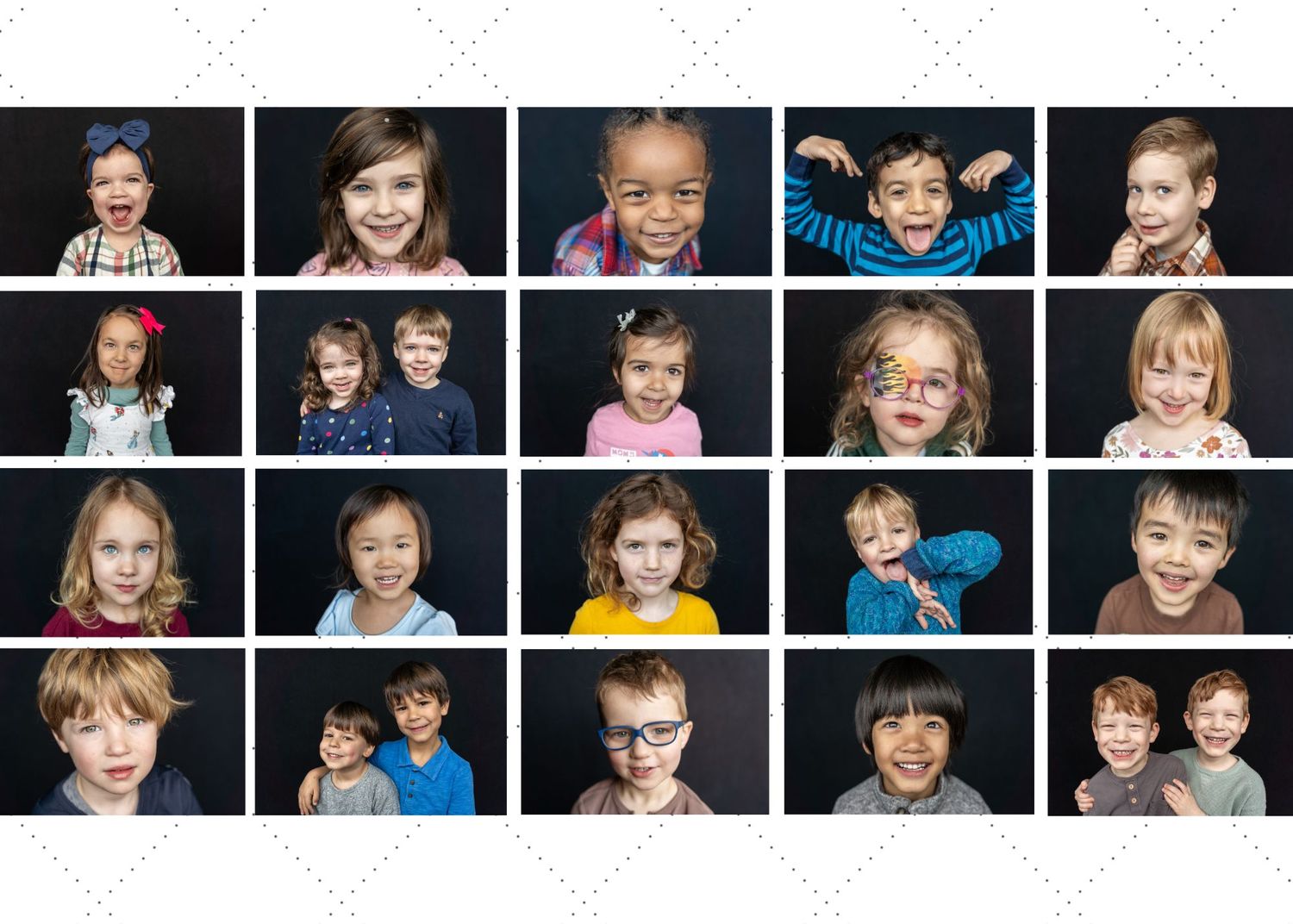 Studio portrait collection of children making silly and playful expressions against dark background.