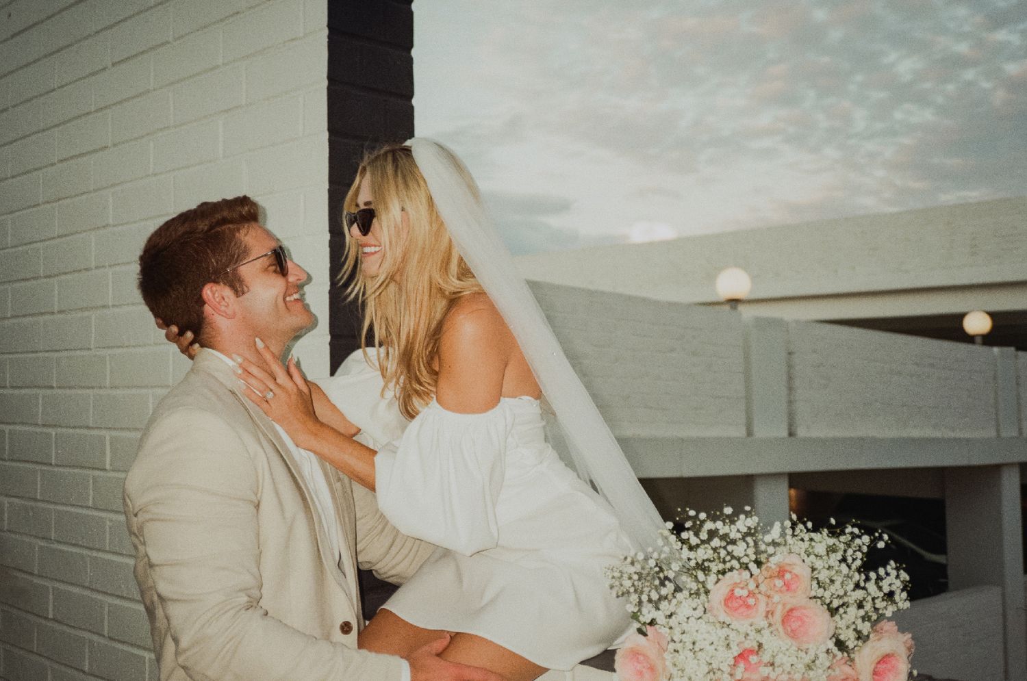 35mm film flash photo of fun bridal themed engagement shoot